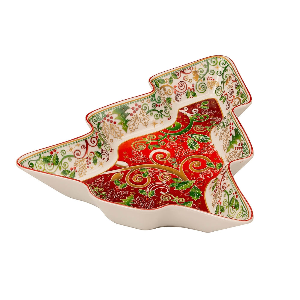 Plat de Noël en forme de sapin décoré de motifs rouges, verts et dorés