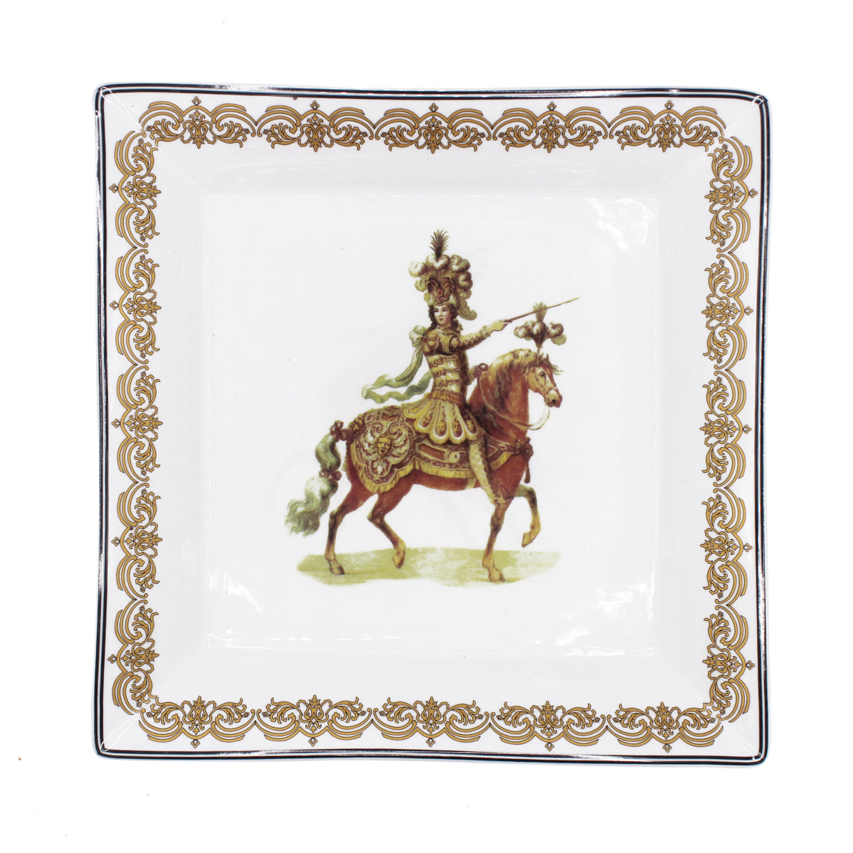 Plat décoratif en porcelaine blanche, cavalier de parade XVIIIe siècle et bordure dorée