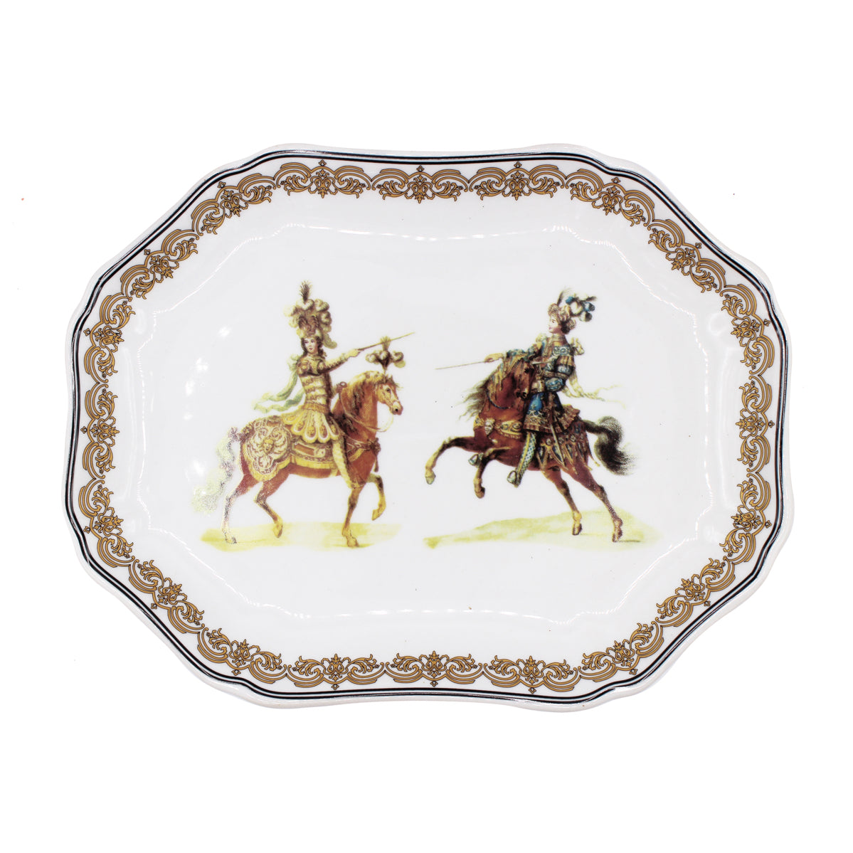 Plat décoratif en porcelaine blanche à bordure dorée, deux cavaliers de parade