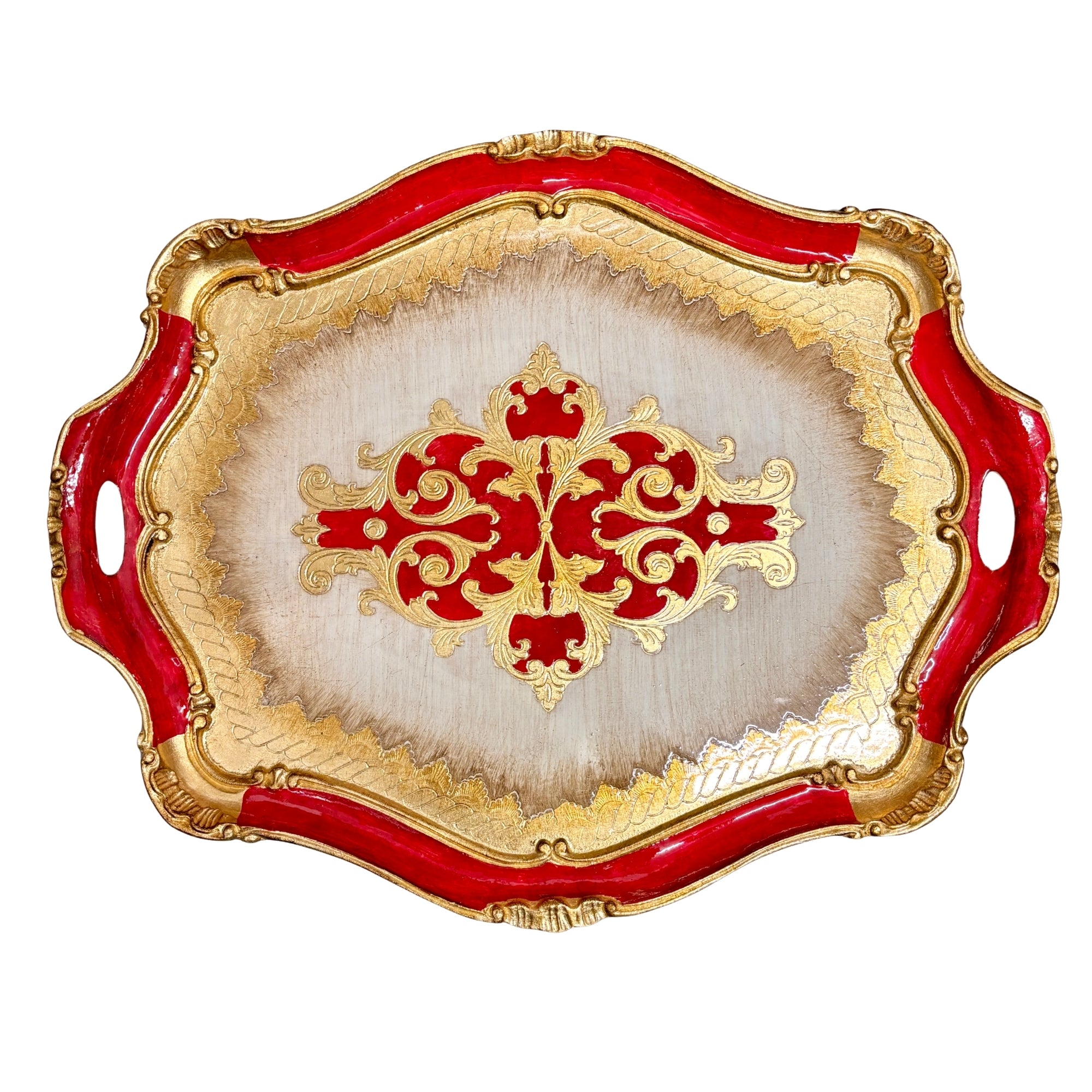 Plateau à poignée rouge et doré, décor baroque avec motifs floraux dorés et bordures sculptées élégantes