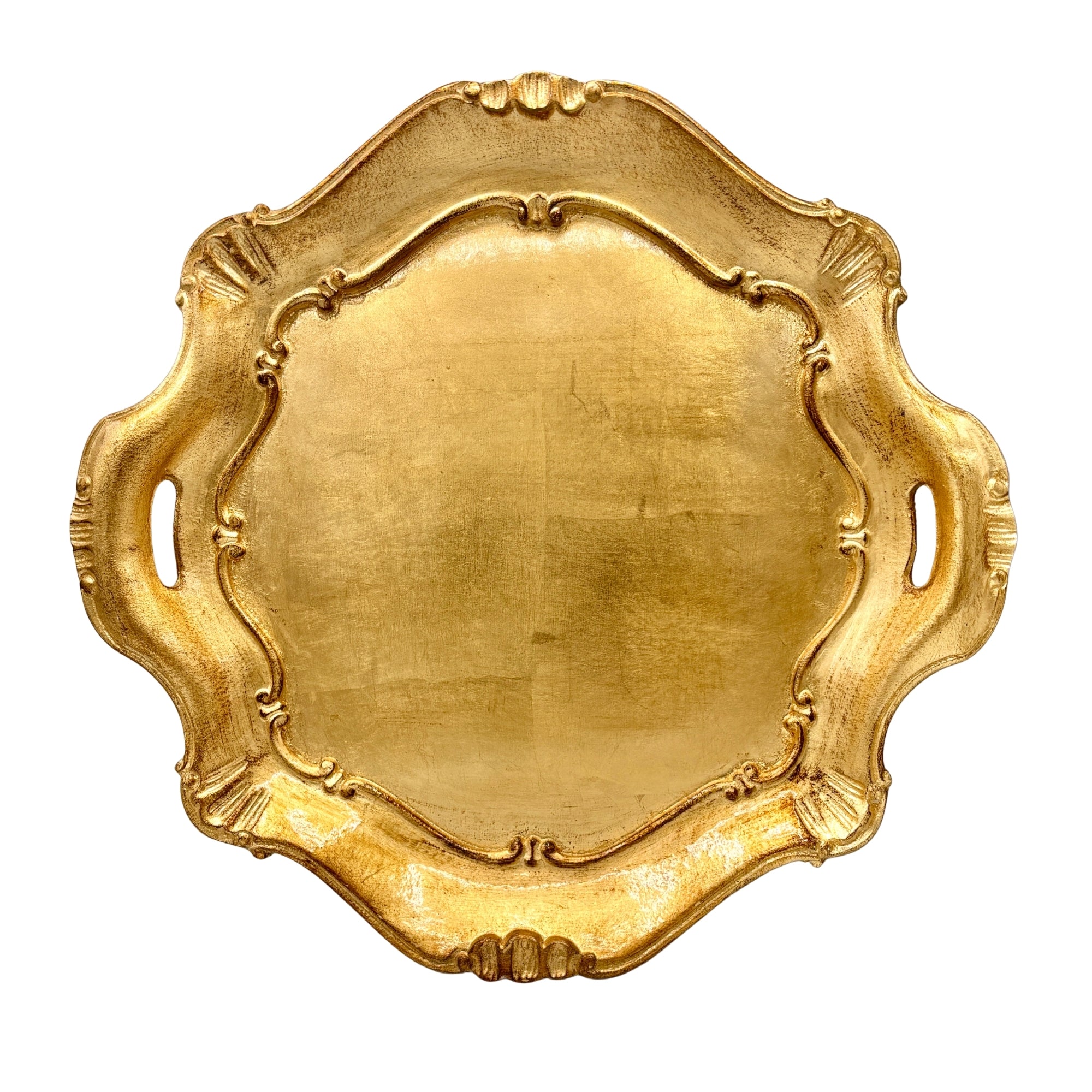 Plateau fait main doré, style baroque, bords festonnés avec poignées intégrées et détails en relief décoratifs