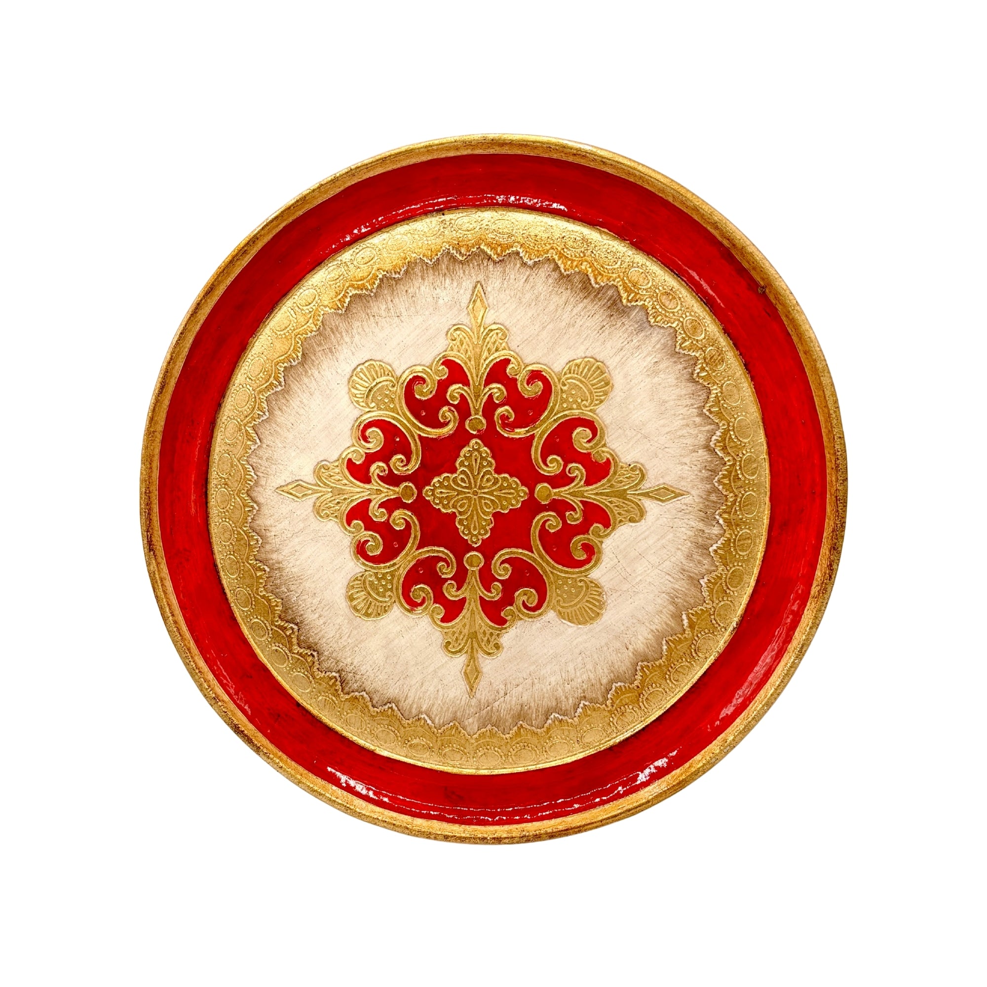 Plateau rond fait main 25 cm rouge et doré, décor floral central et bordure ornée dorée