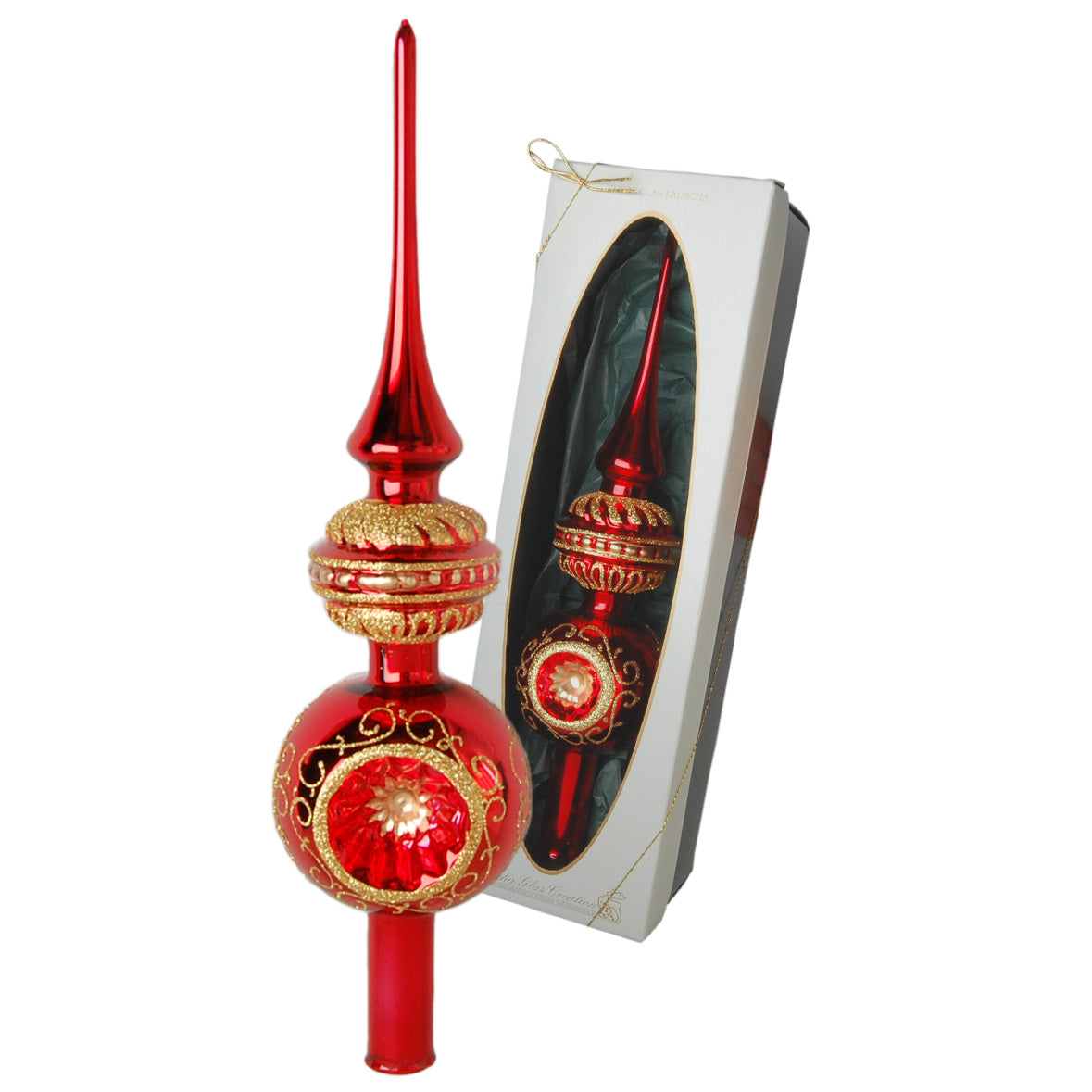 Pointe de sapin en verre soufflé rouge et or avec boule décorée, présentée en boîte