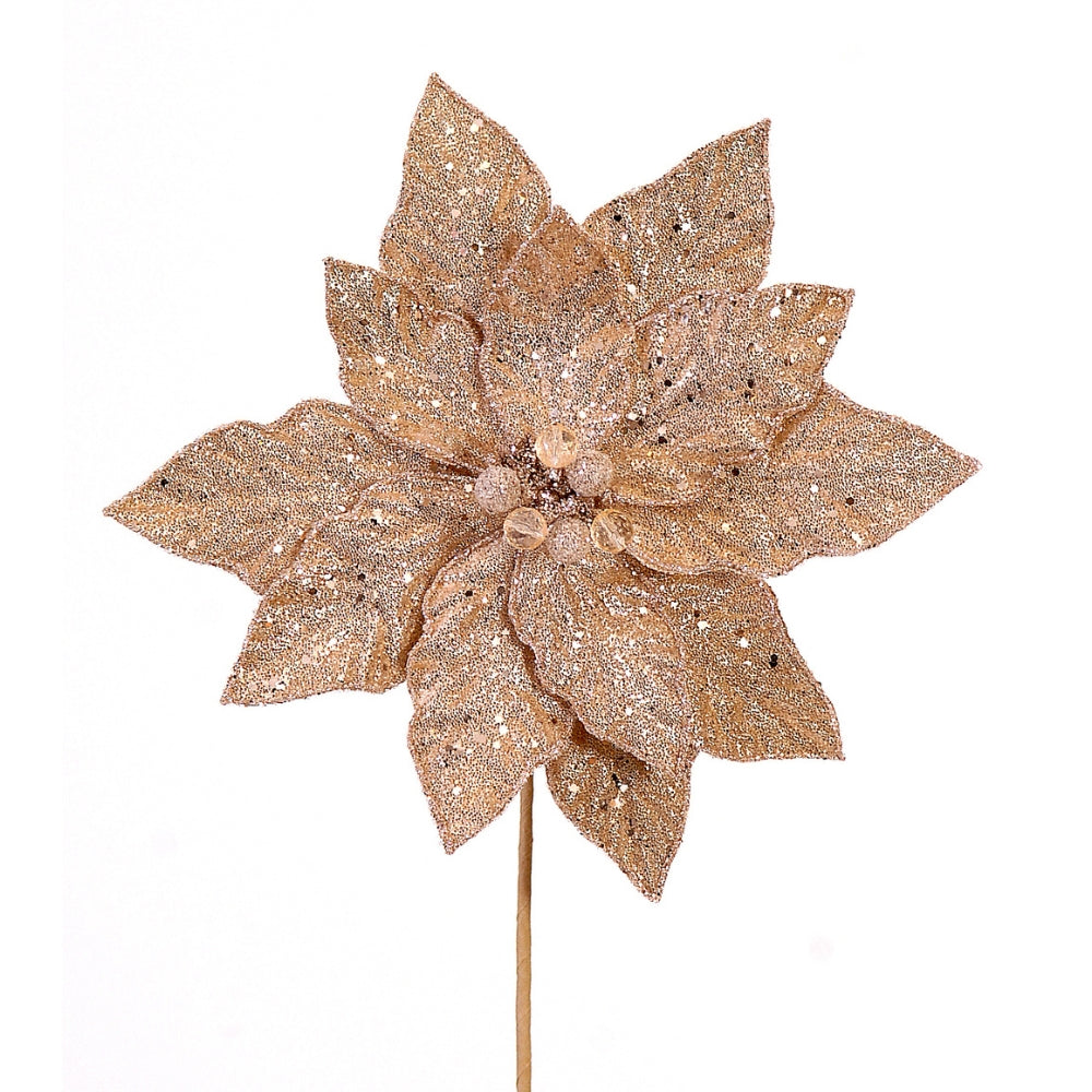 Poinsettia champagne pailletée à pétales texturés et tige fine pour décoration de Noël
