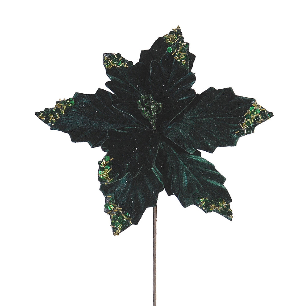Ponsettia noire en tissu pailleté à tige fine, feuilles dentelées à reflets verts