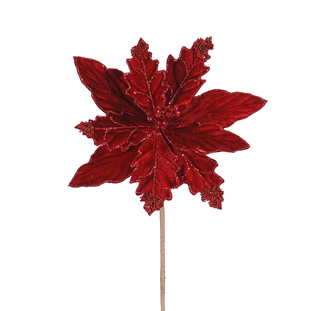 Ponsettia rouge pailletée en tissu, fleur de Noël artificielle à longues feuilles