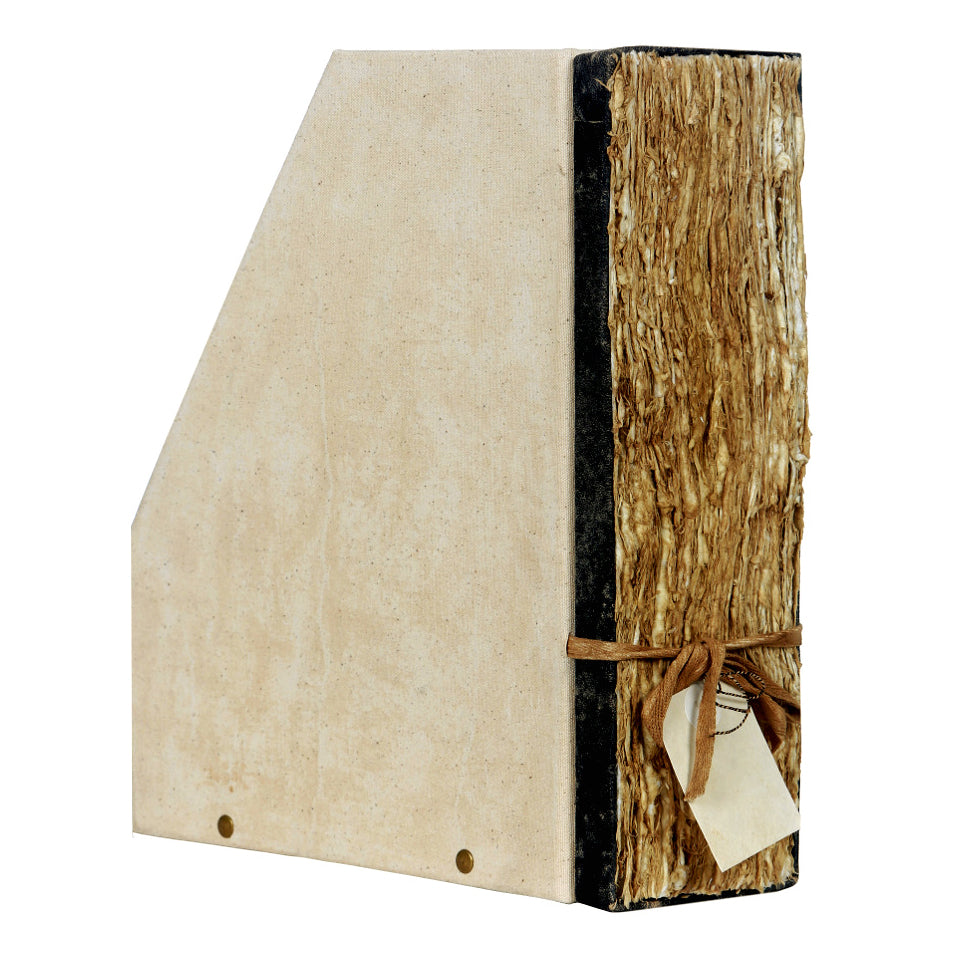 Rangement pour dossiers beige imitation manuscrit en cuir, carton et coton, fermé par ruban