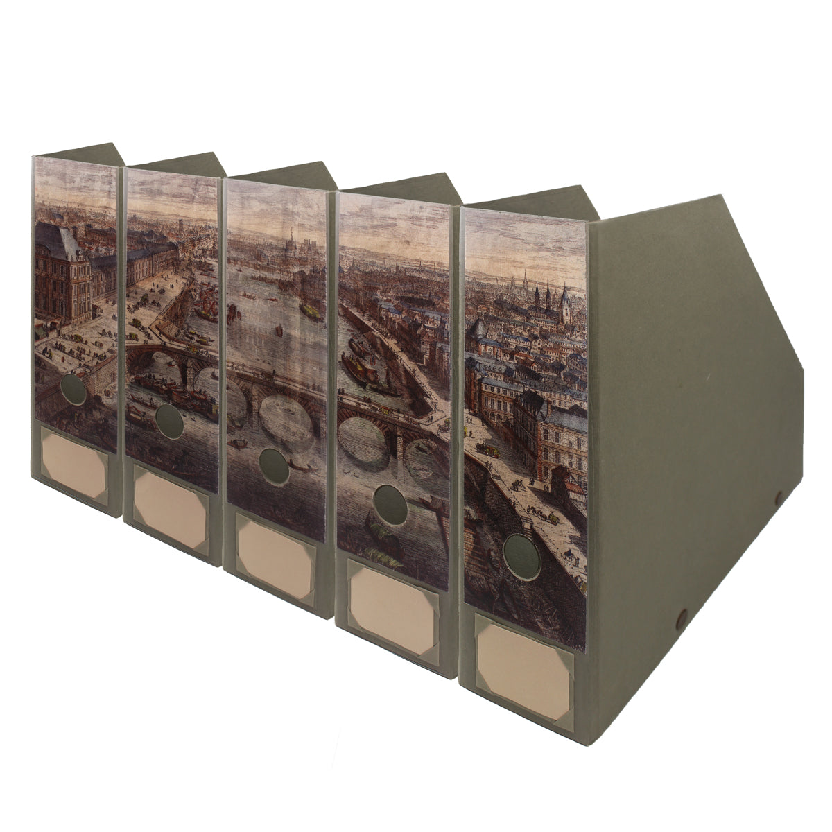 Rangements pour dossiers vert foncé, cinq classeurs en carton décorés d’une vue de Paris