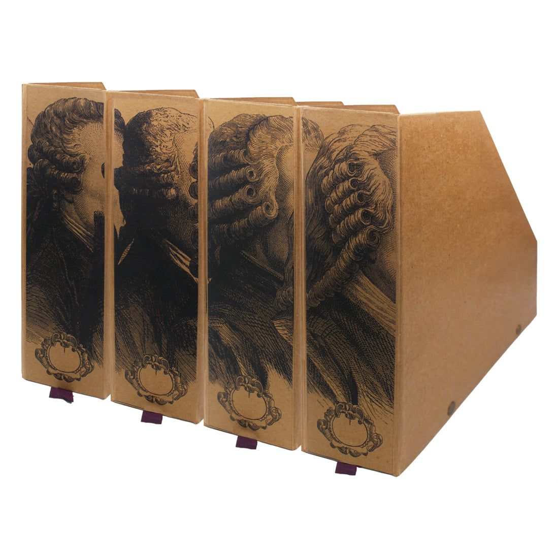 Rangements pour dossiers en carton brun, décor noir de perruques et languettes bordeaux