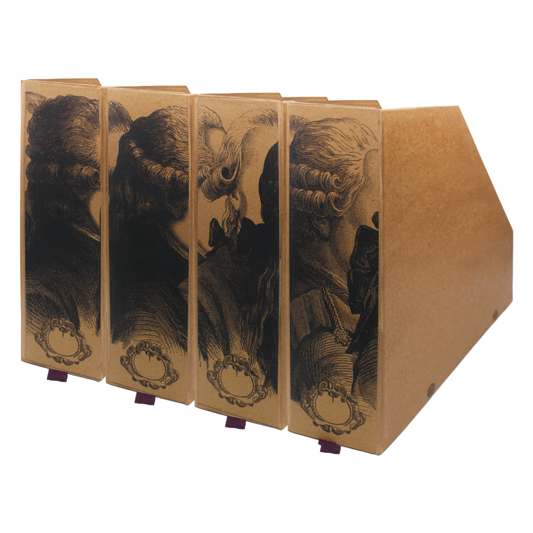 Rangements pour dossiers en carton brun, motif noir de perruques, pliés en accordéon