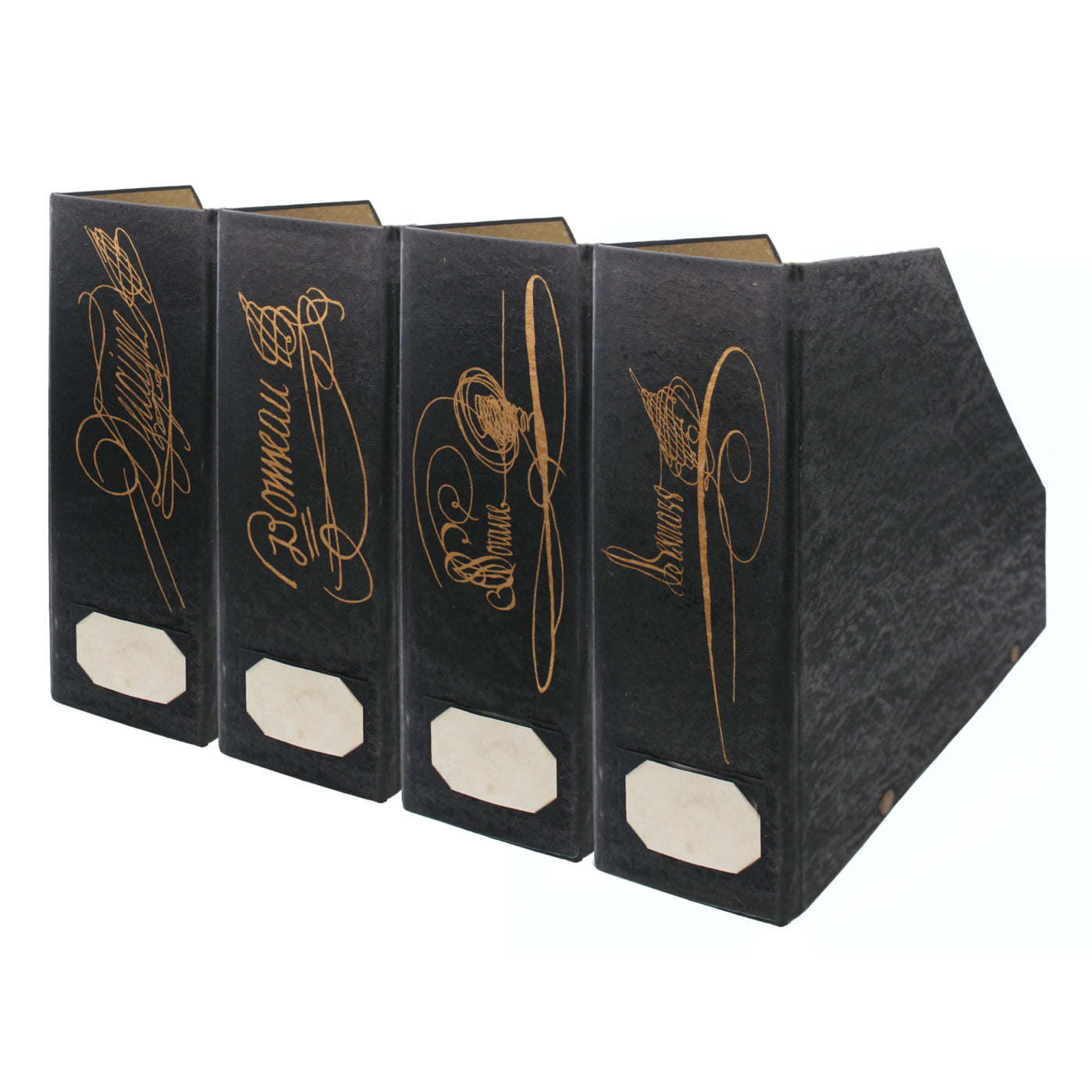 Rangements pour dossiers noirs en carton et coton, quatre boîtes pliables à motif doré