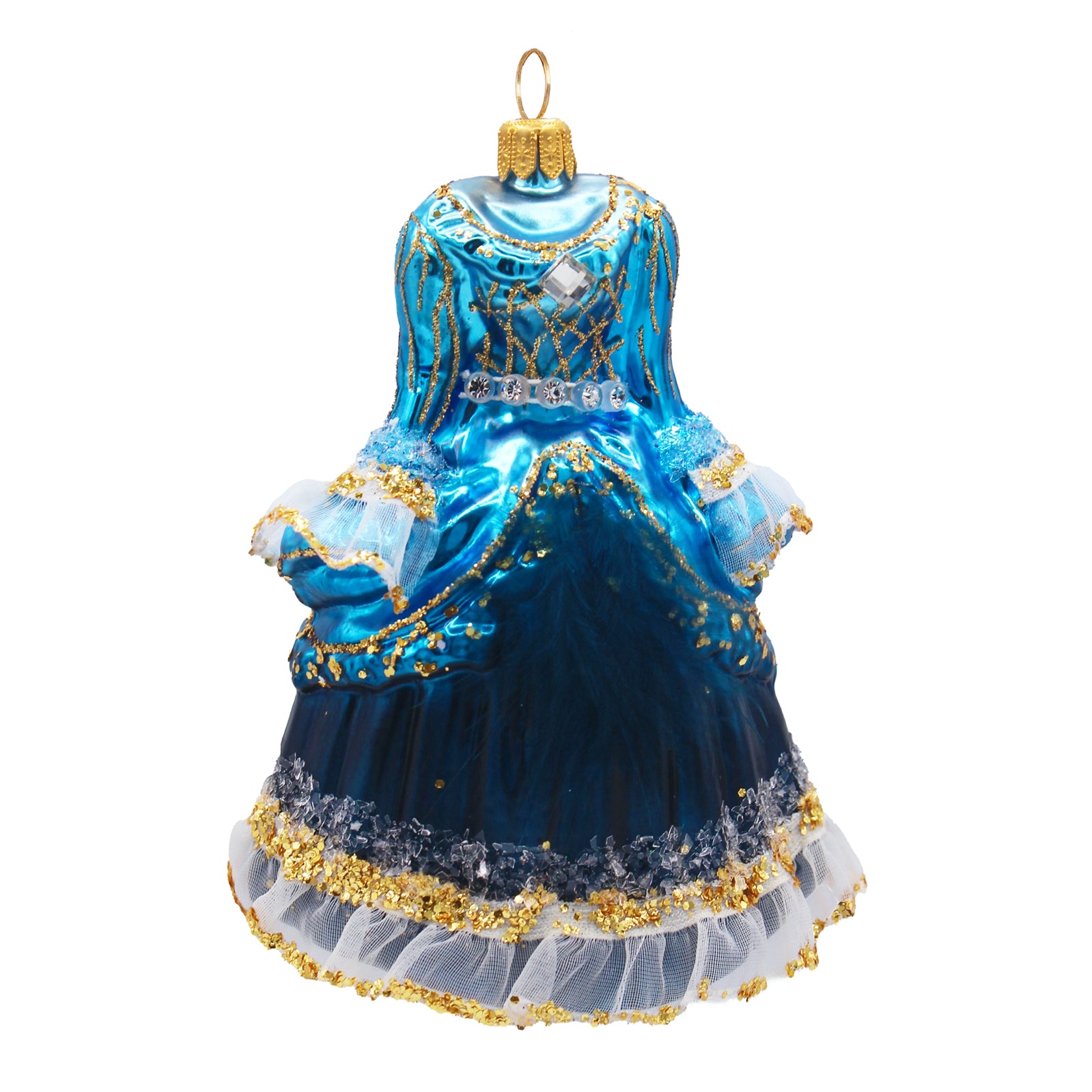Robe de princesse en verre soufflé bleu et doré, ornée de tulle et perles