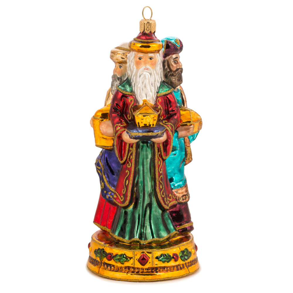 Rois mages en verre soufflé peint à la main, trois personnages couronnés sur socle doré