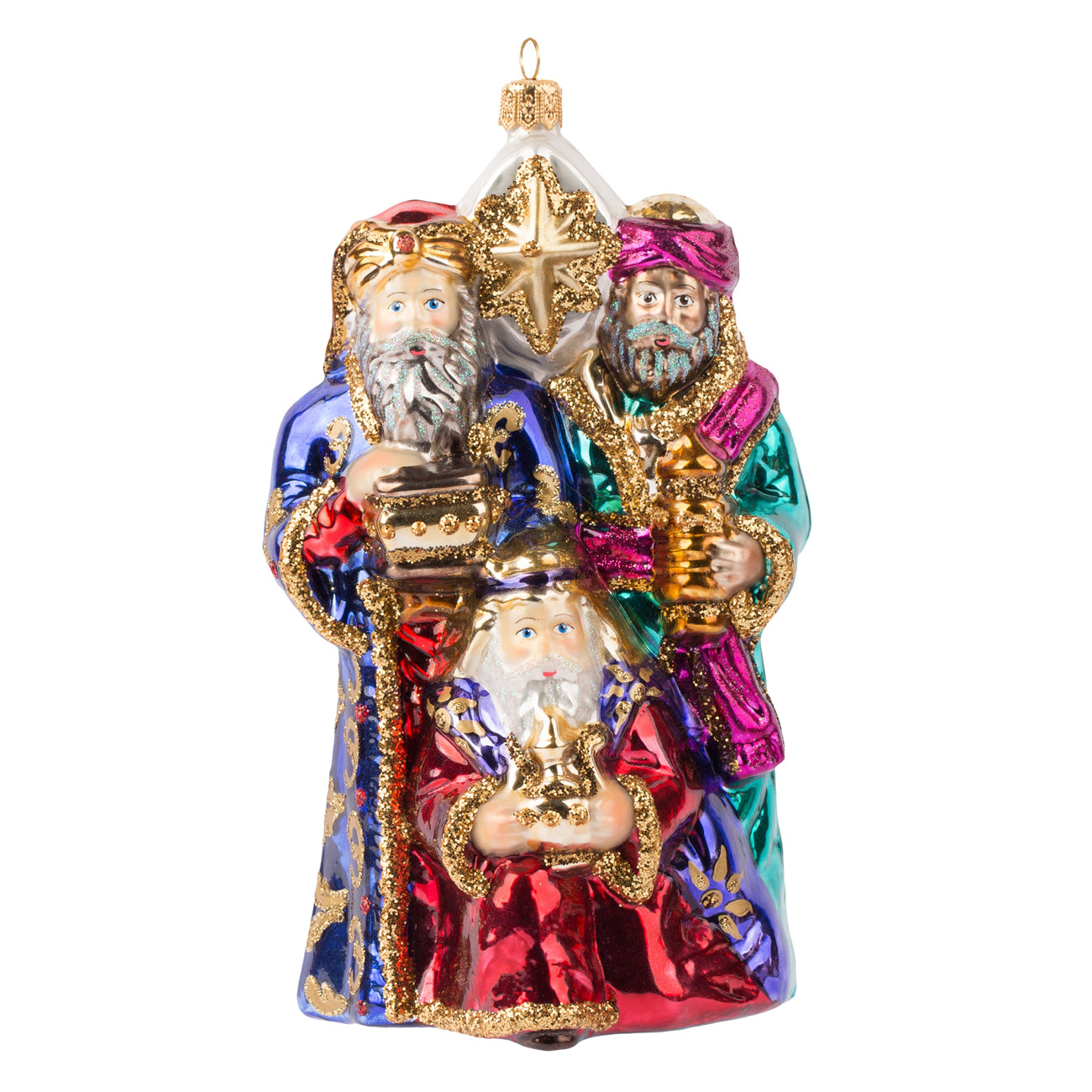 Décoration de sapin Rois mages en verre soufflé peint à la main, étoile dorée
