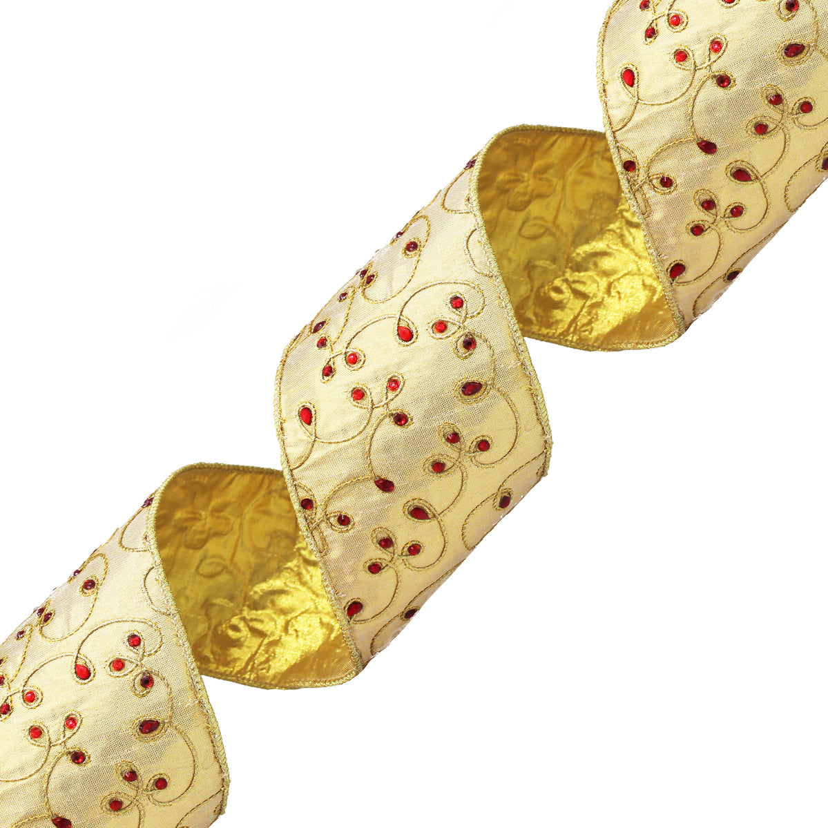 Ruban brodé doré à strass rouges, bordés de fil métallique