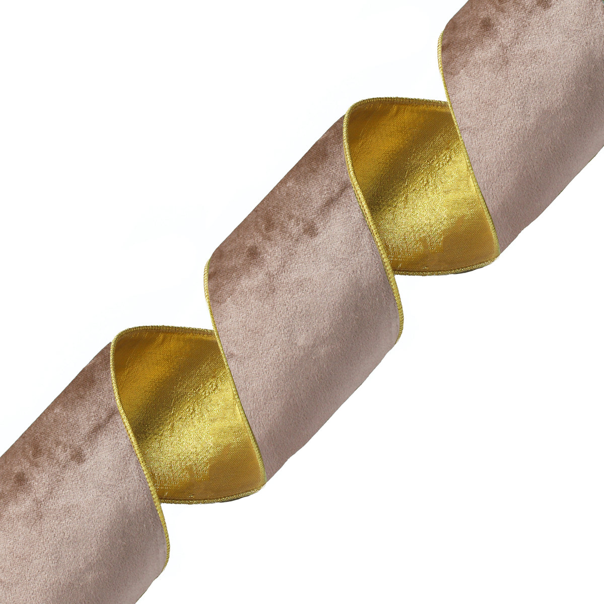 Ruban en velours beige avec liseré doré, enroulé en spirale