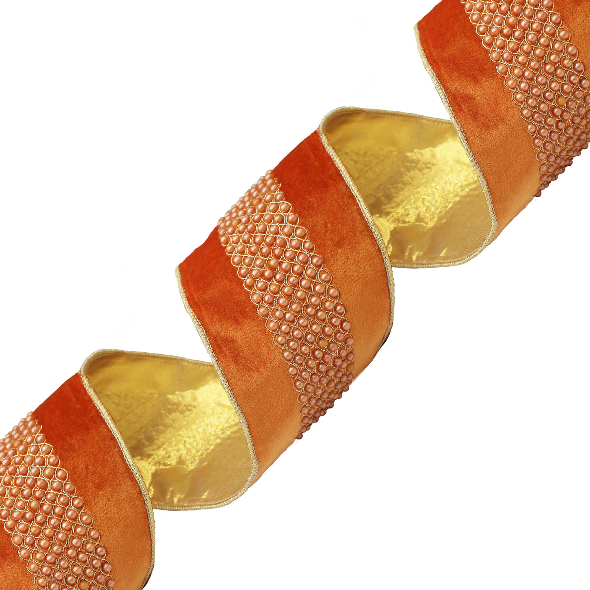 Ruban en velours cuivré brodé de perles dorées, bordure or et revers satin