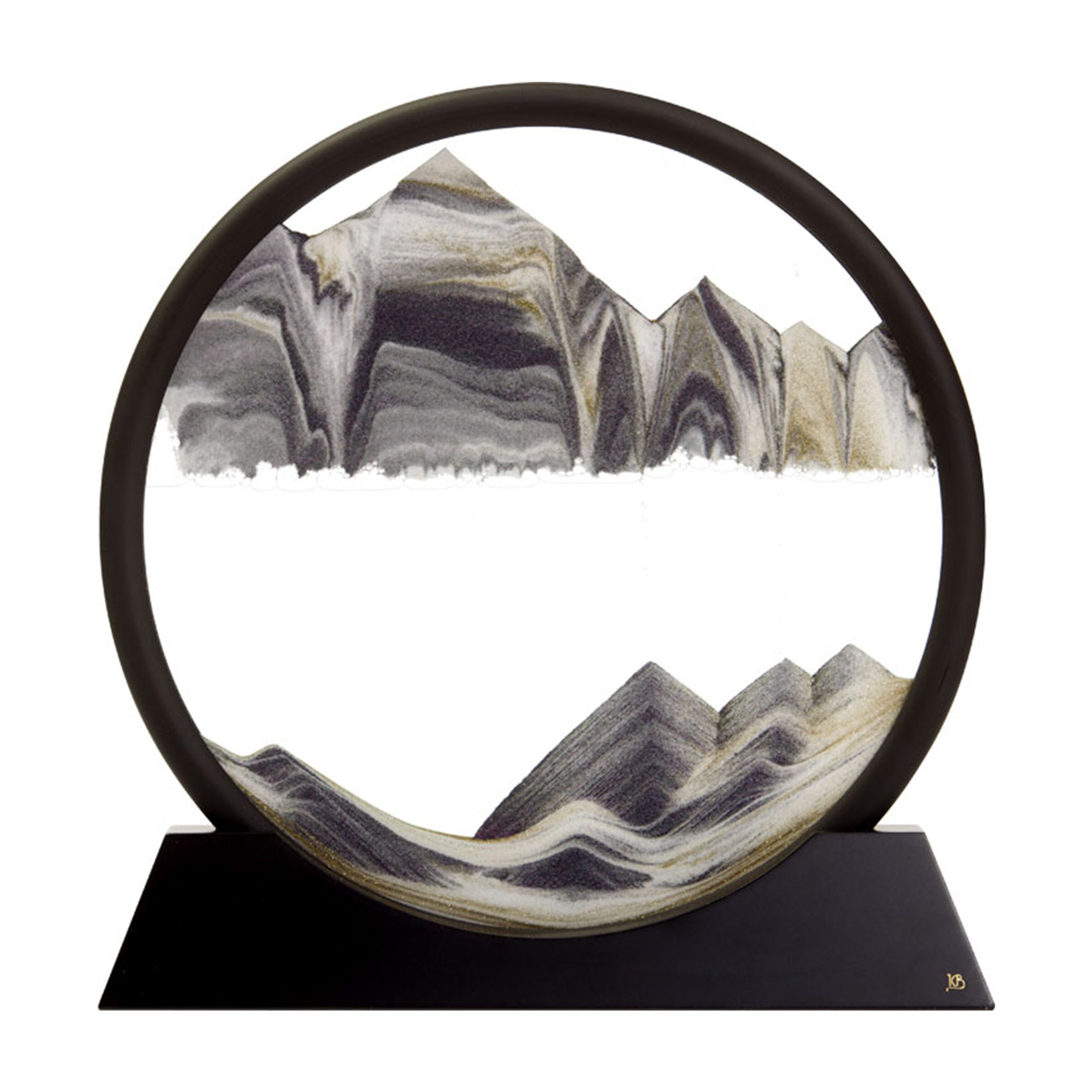 Sablier rond à socle noir, sable gris et doré formant un paysage de montagnes