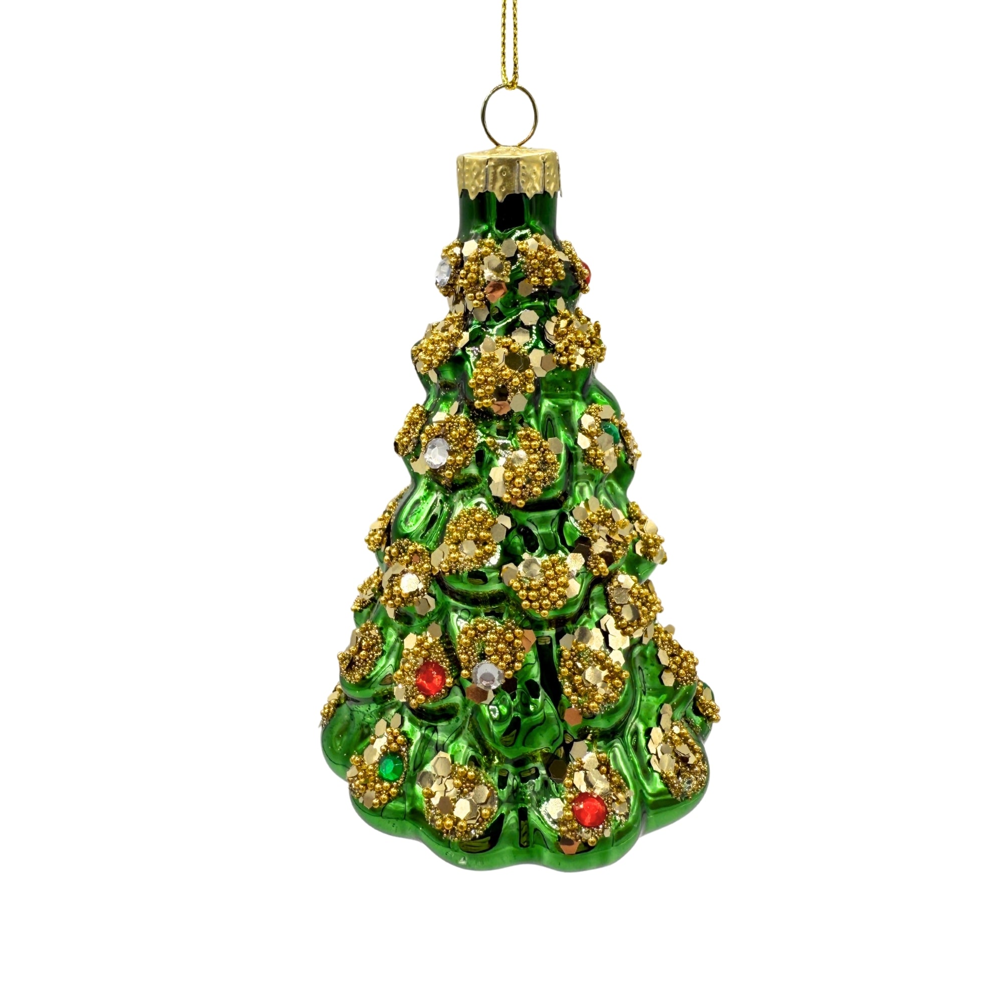 Sapin de Noël en verre vert à suspendre, ornement décoratif avec détails dorés en relief et anneau métallique