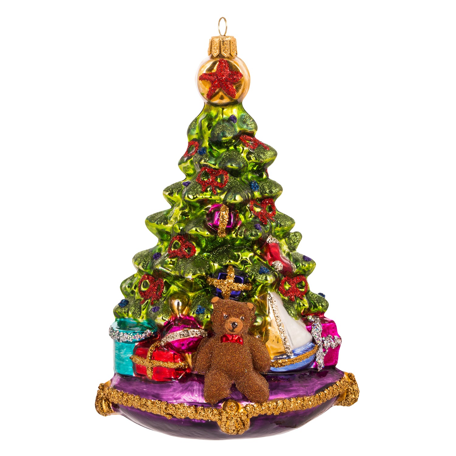 Sapin de Noël en verre soufflé vert orné de cadeaux colorés et d’un ourson