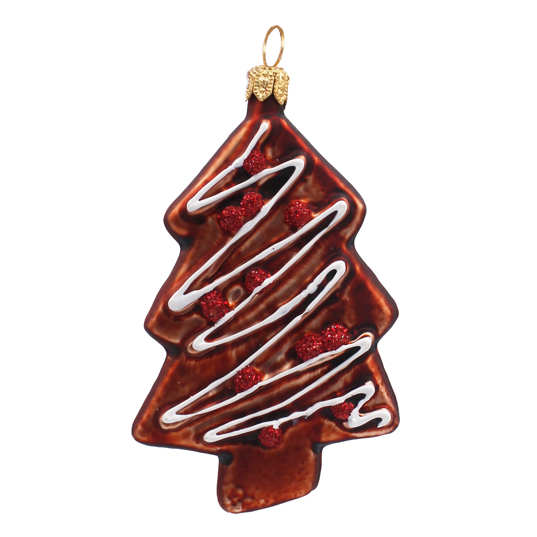 Sapin en verre soufflé brun décoré de lignes blanches et boules rouges