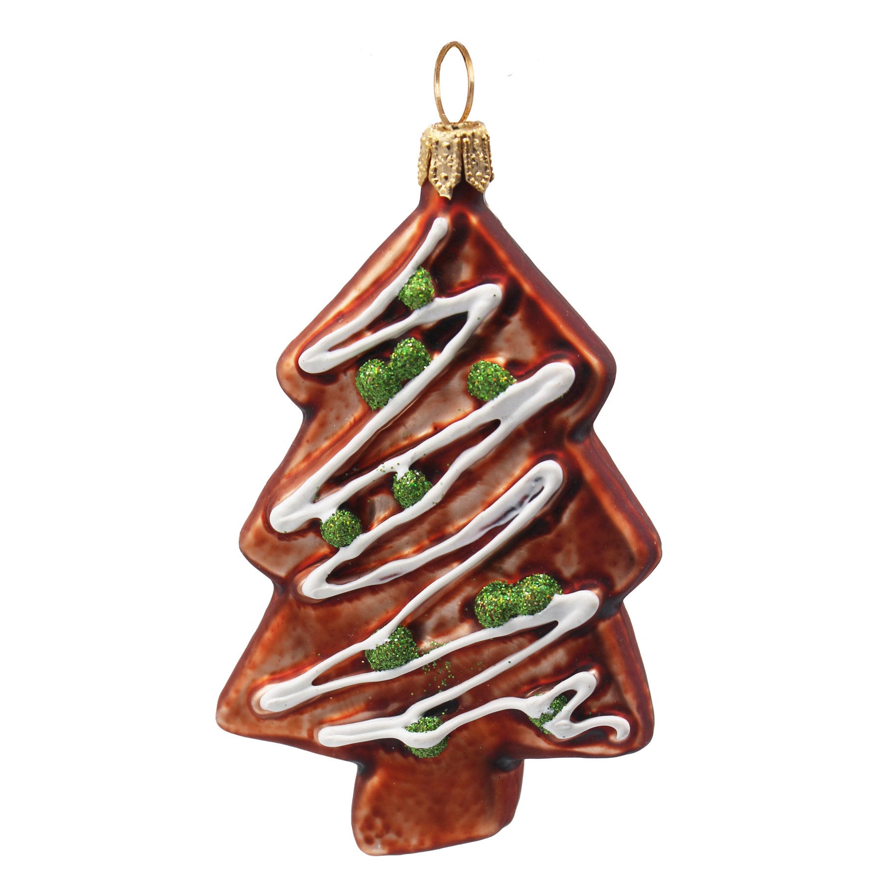 Sapin de Noël en verre soufflé brun décoré de boules vertes et de zigzags blancs