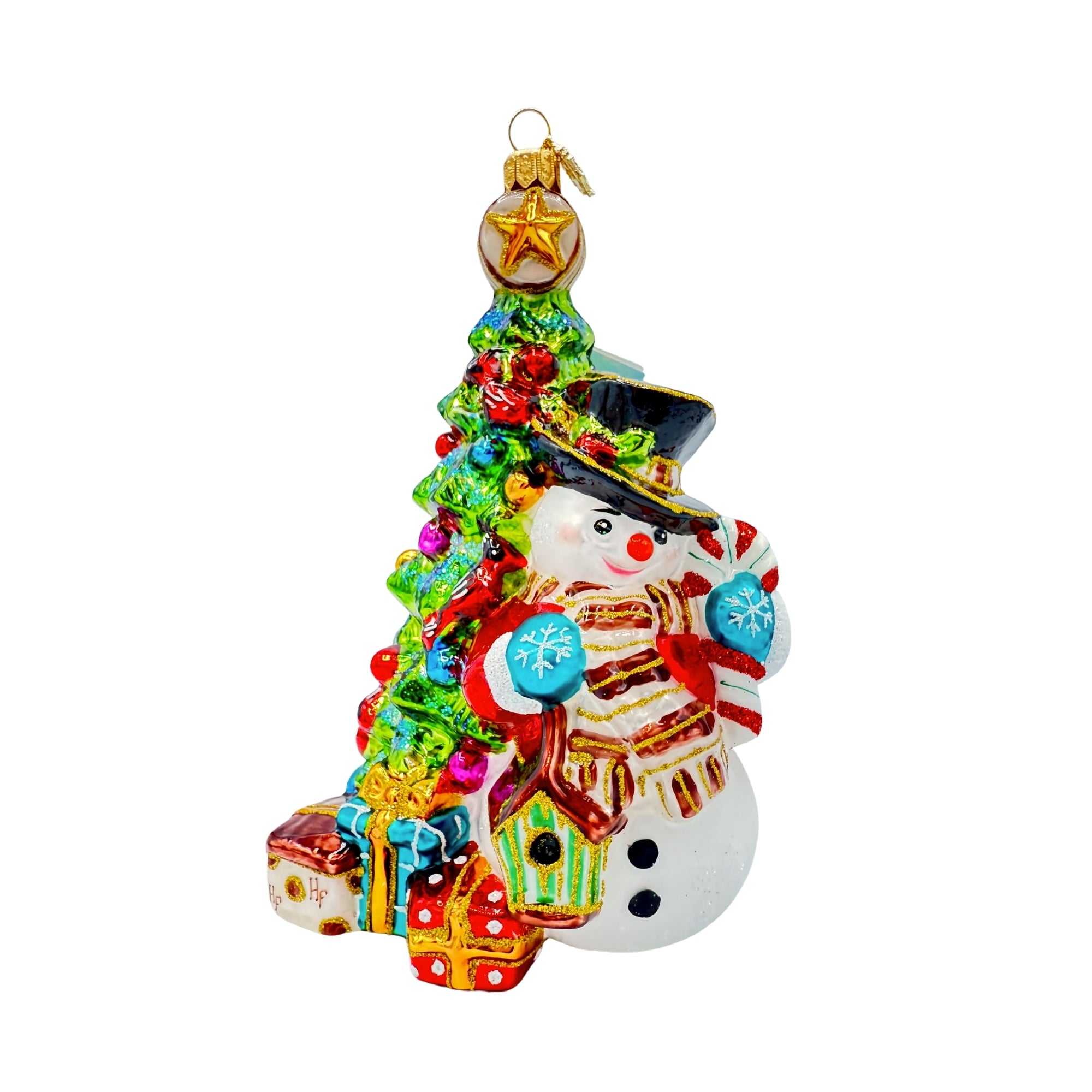 Sapin et bonhomme de neige en verre soufflé décoré de cadeaux colorés et d'une étoile dorée