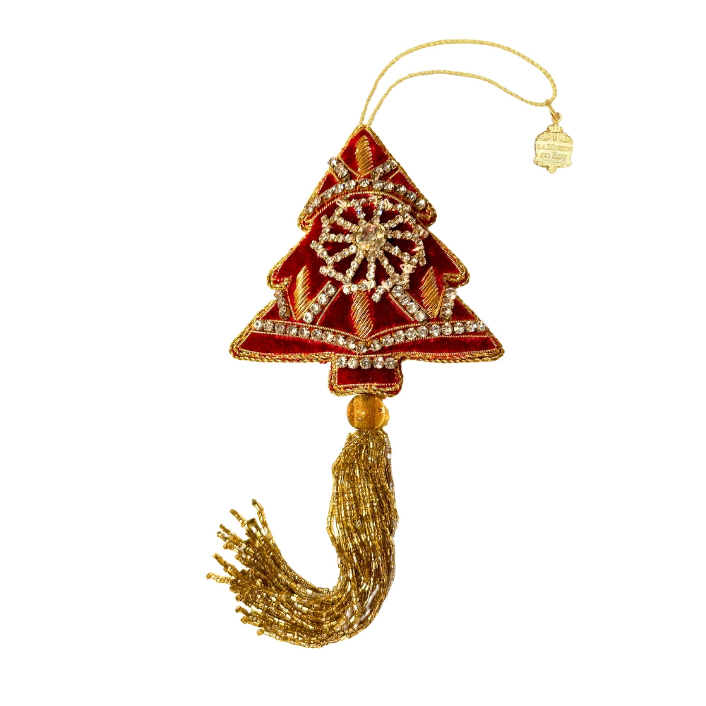 Sapin de Noël en velours rouge brodé d'or, motif étoilé en strass et pampille dorée