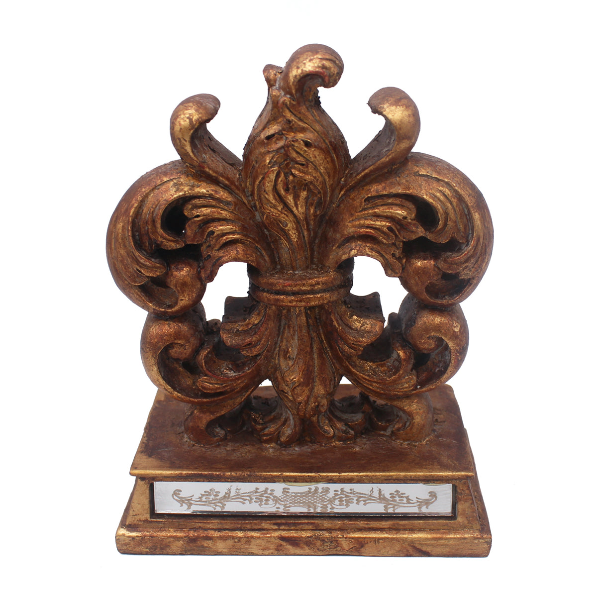 Serre-livres fleur de lys doré patiné, base rectangulaire avec petits miroirs