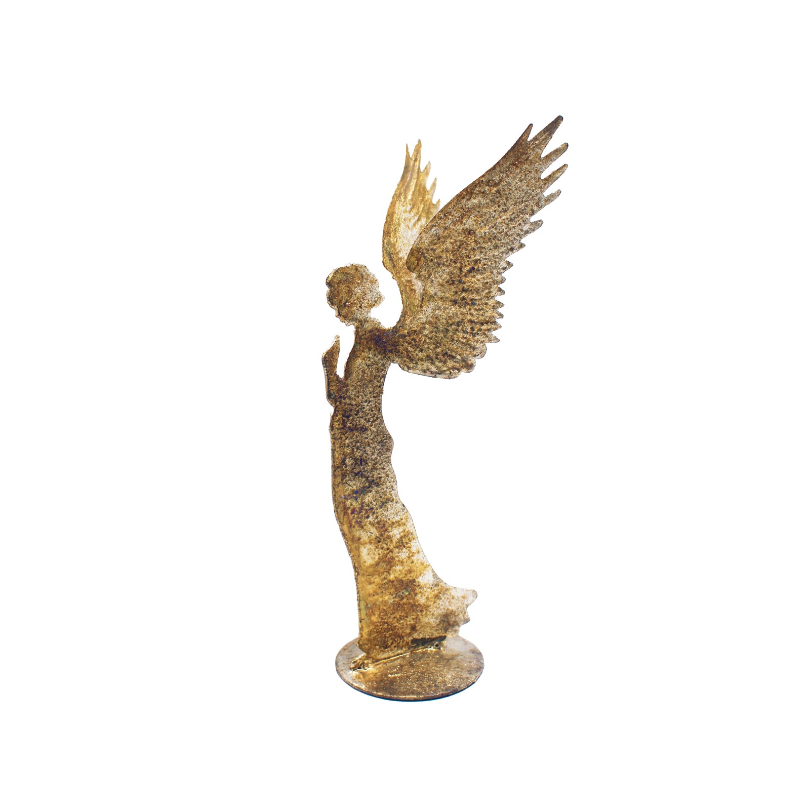 Silhouette d'ange en métal doré patiné, mains jointes et ailes déployées