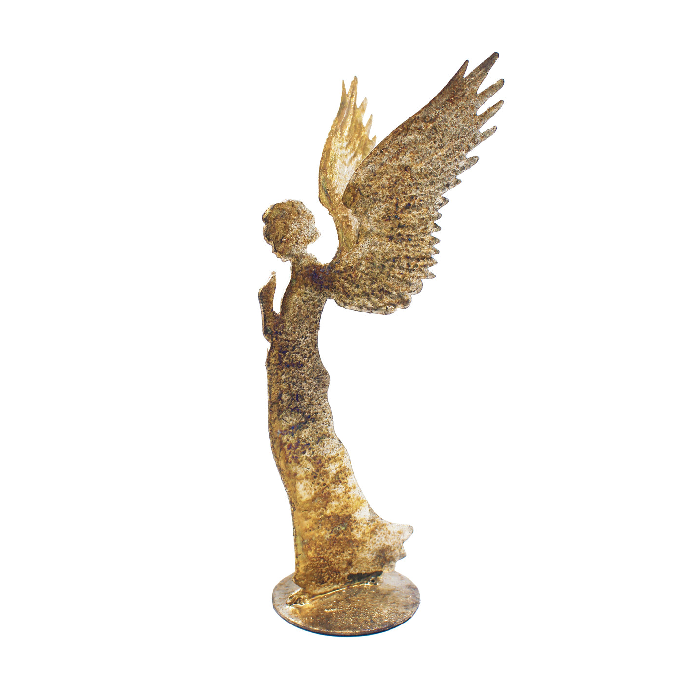 Silhouette d'ange priant en métal doré patiné, ailes déployées sur socle