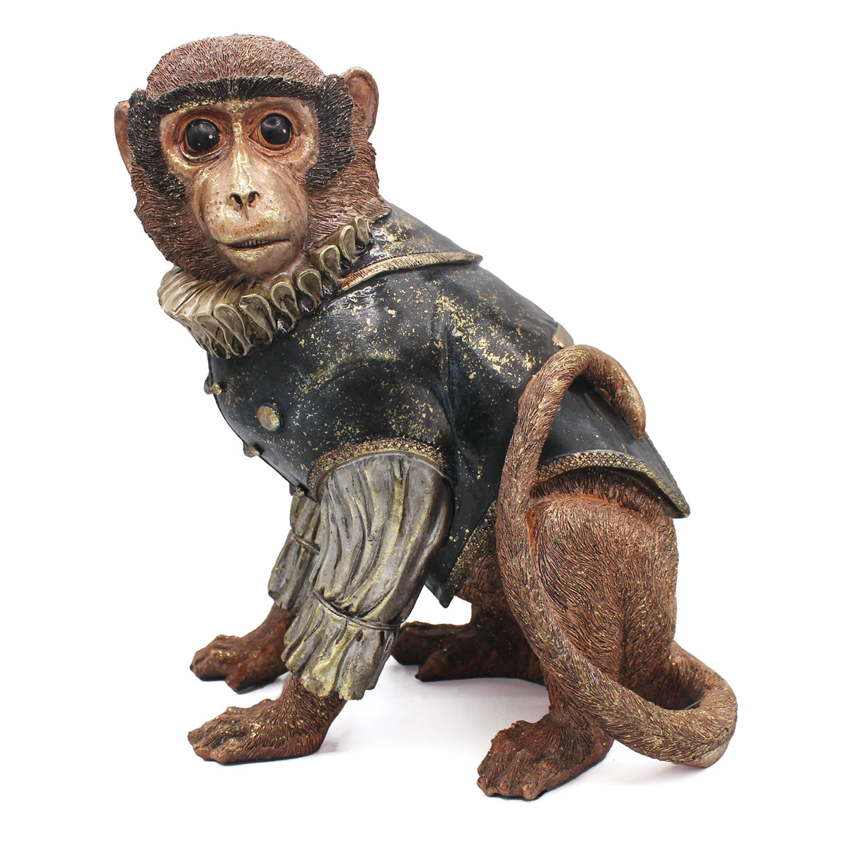 Singe en résine peint à la main, habillé noir et brun, de style XVIIIe siècle
