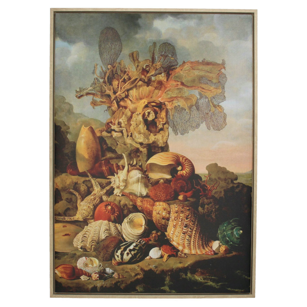 Tableau encadré paysage avec coquillages multicolores et coraux sur fond de ciel nuageux