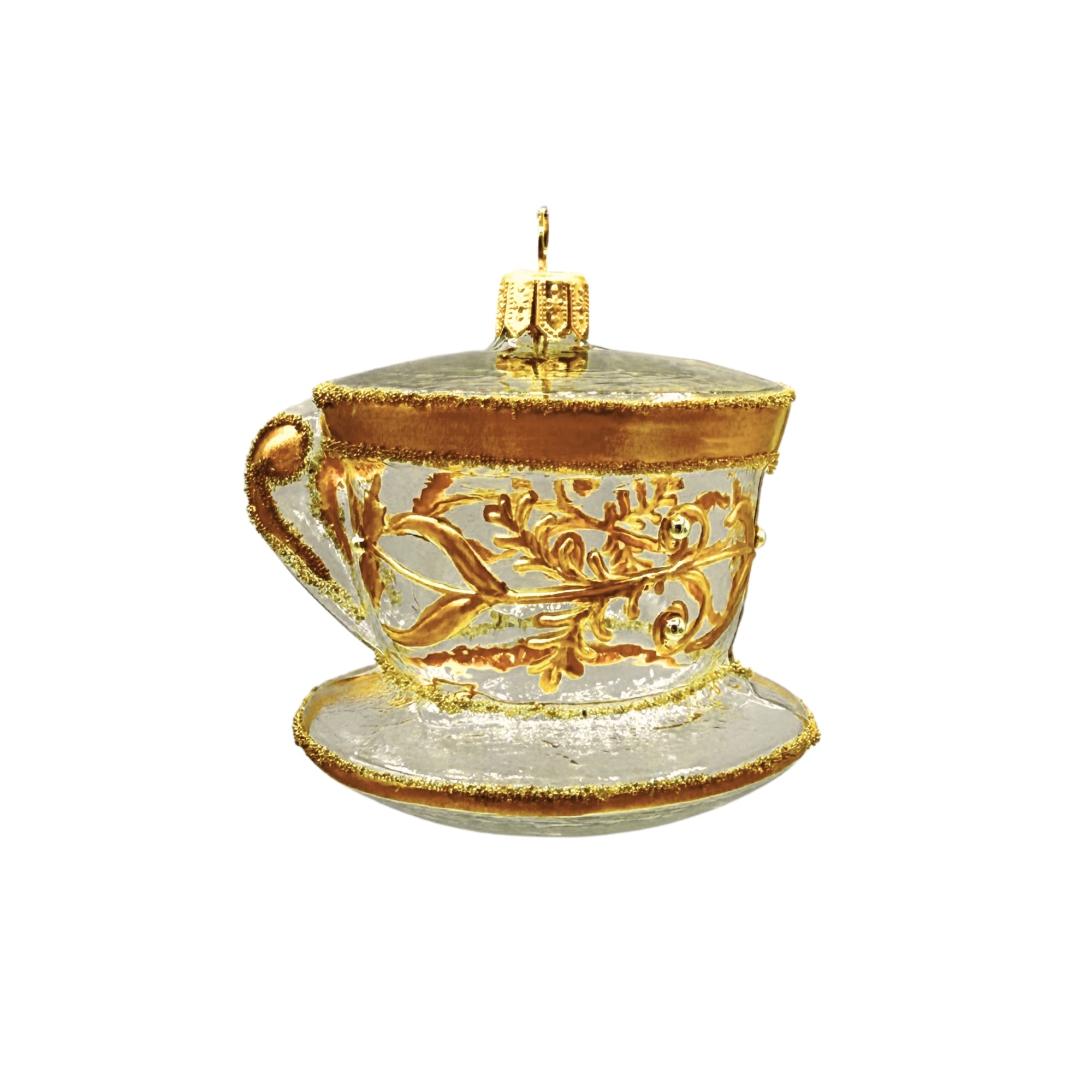Tasse en verre soufflé transparente avec motifs dorés en relief, anse détaillée et capuchon de suspension doré