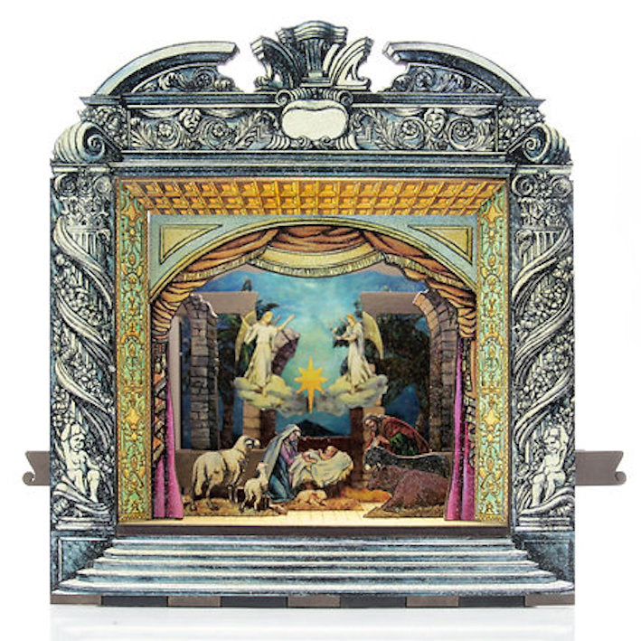 Petit théâtre en bois peint, décor de crèche avec anges, étoile et personnages