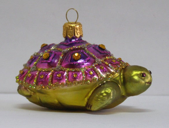 Tortue décorative en verre soufflé doré à carapace rose et violette pailletée