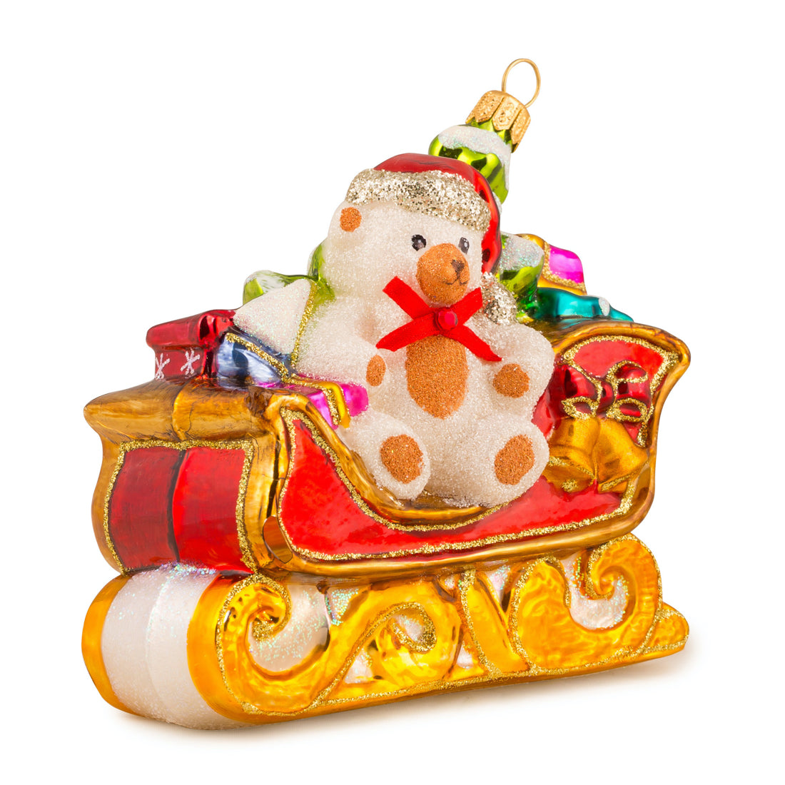 Traîneau en verre soufflé doré chargé de cadeaux avec ours en peluche blanc