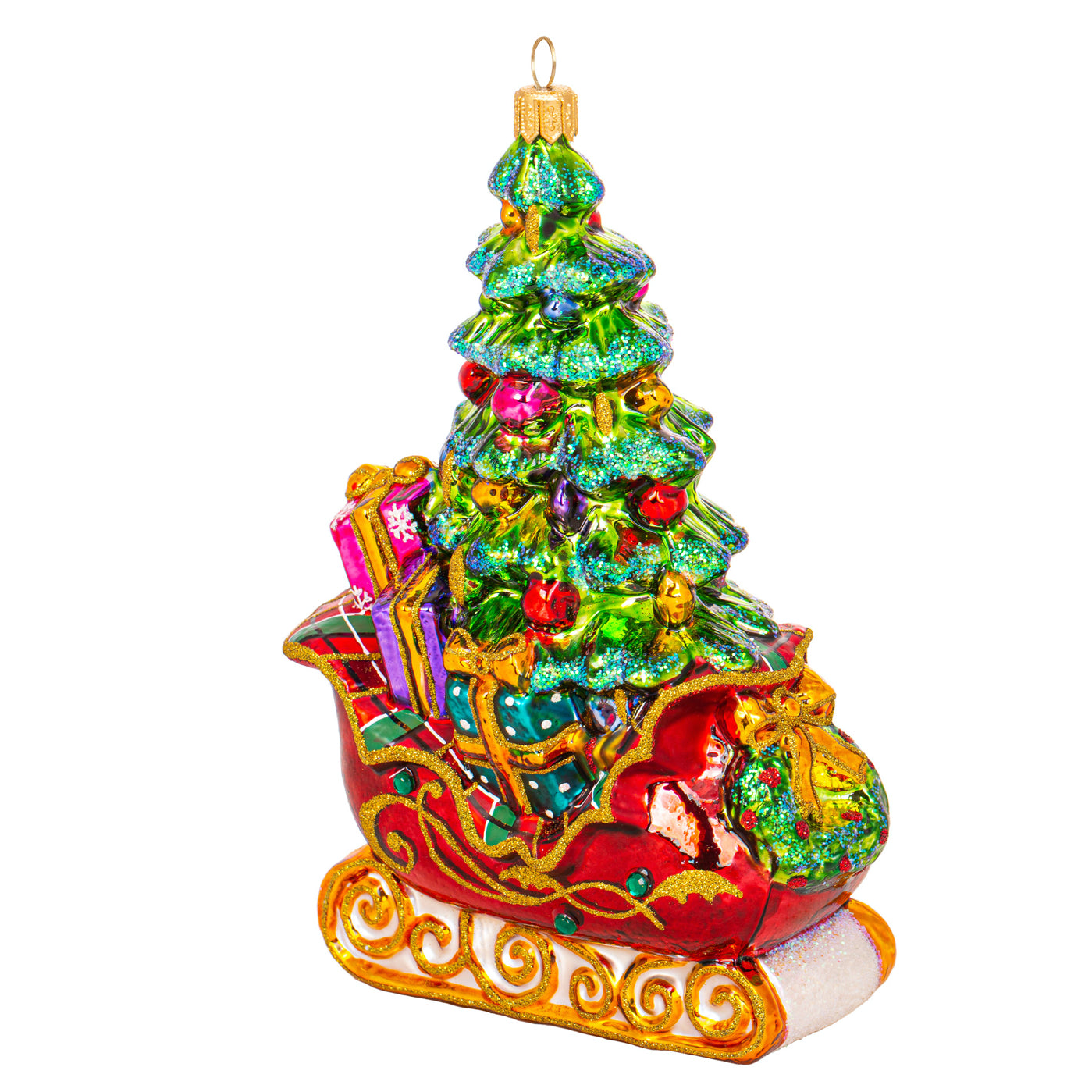 Traîneau de Noël en verre soufflé rouge avec sapin vert et cadeaux multicolores