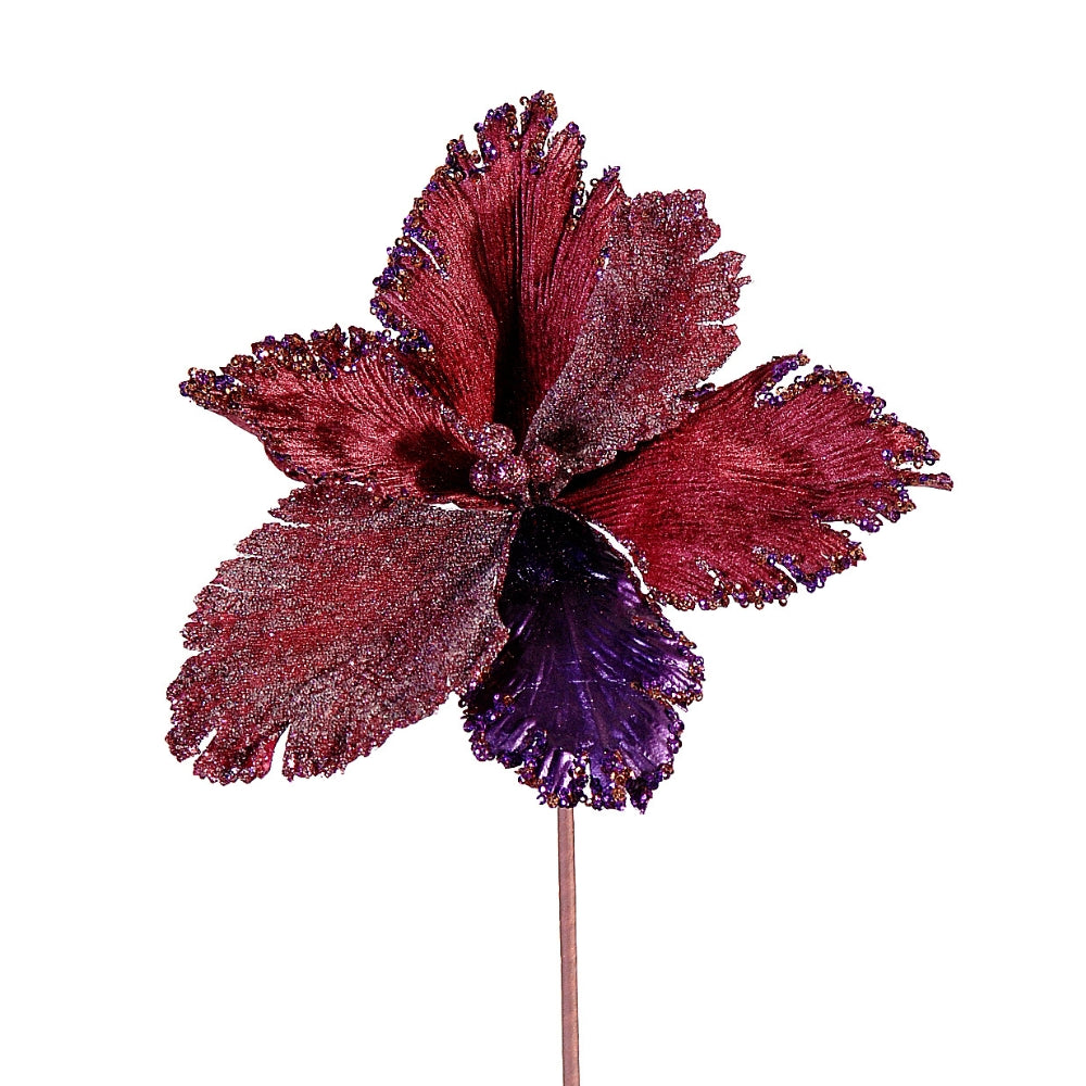Tulipe décorative prune en tissu pailleté, pétales bordés de perles sur tige