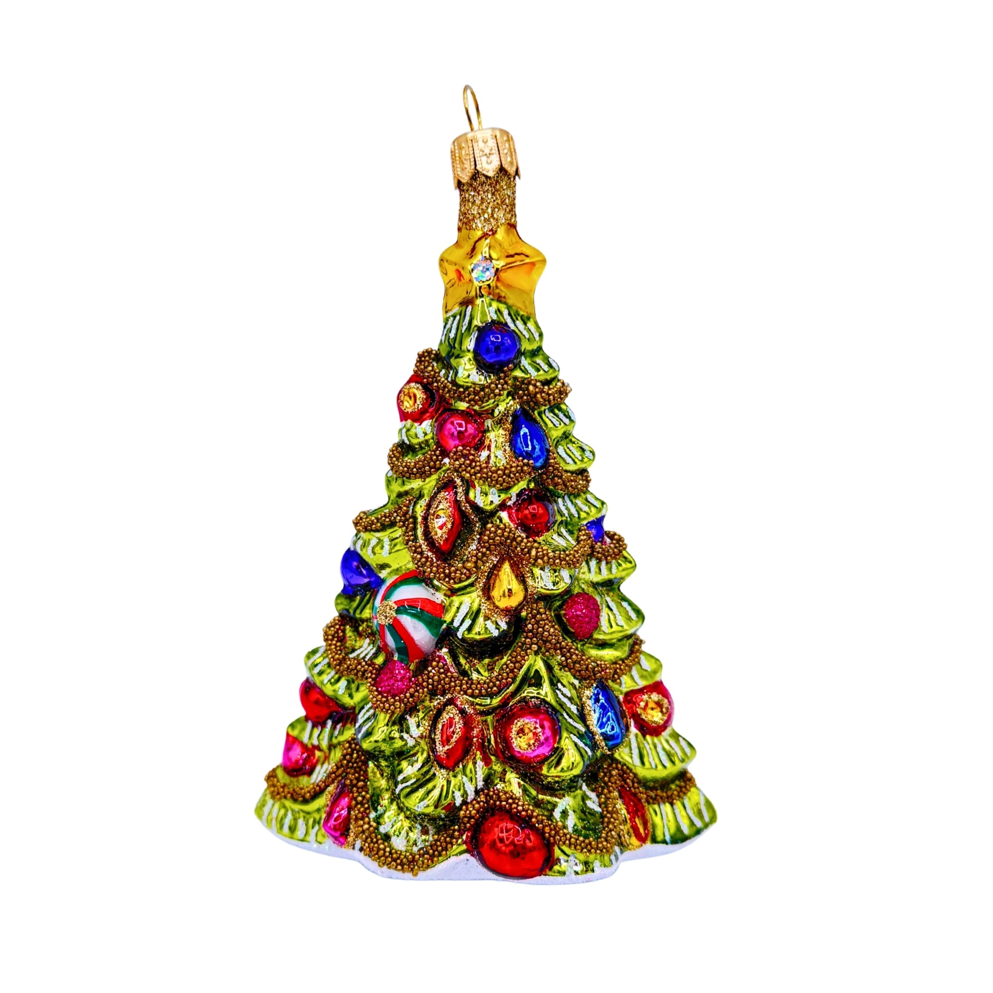 Sapin de Noël en verre soufflé peint à la main, décoré de boules multicolores et paillettes