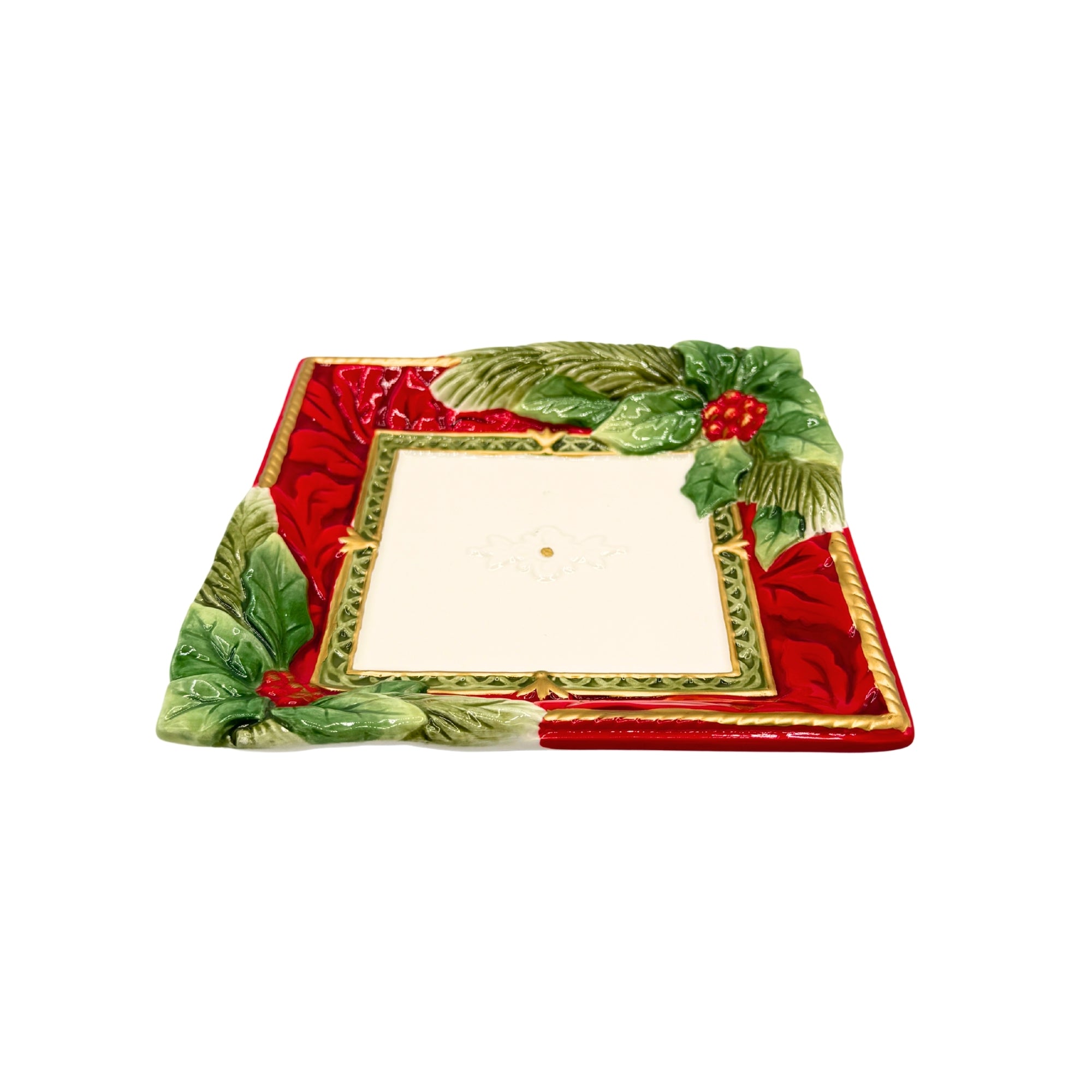 Vide poche décoratif carré avec motif de feuilles en relief, bordures rouges et vertes, centre clair encadré de détails dorés