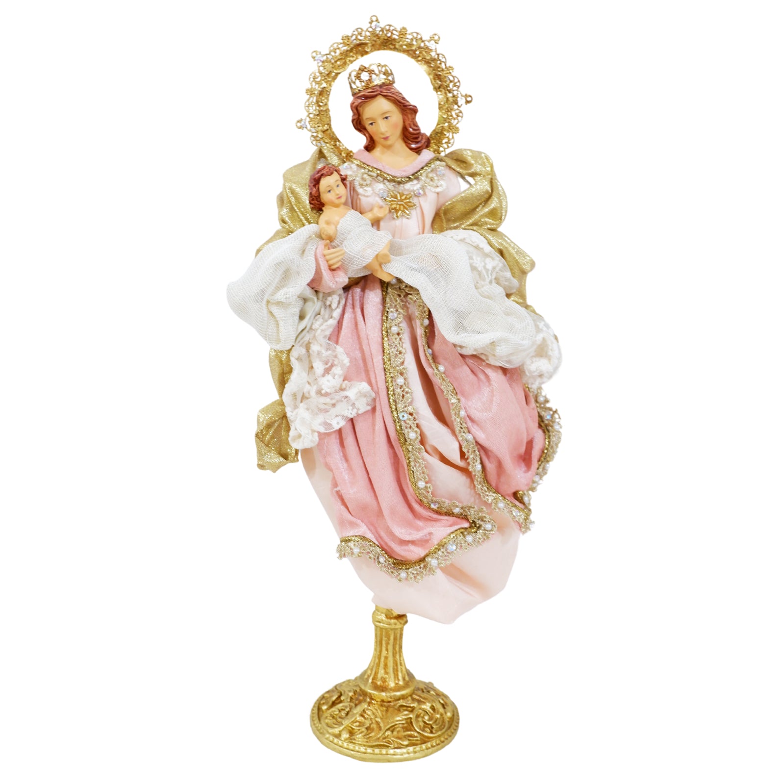 Vierge Marie et enfant Jésus en robe rose et ivoire, couronne dorée sur base ajourée