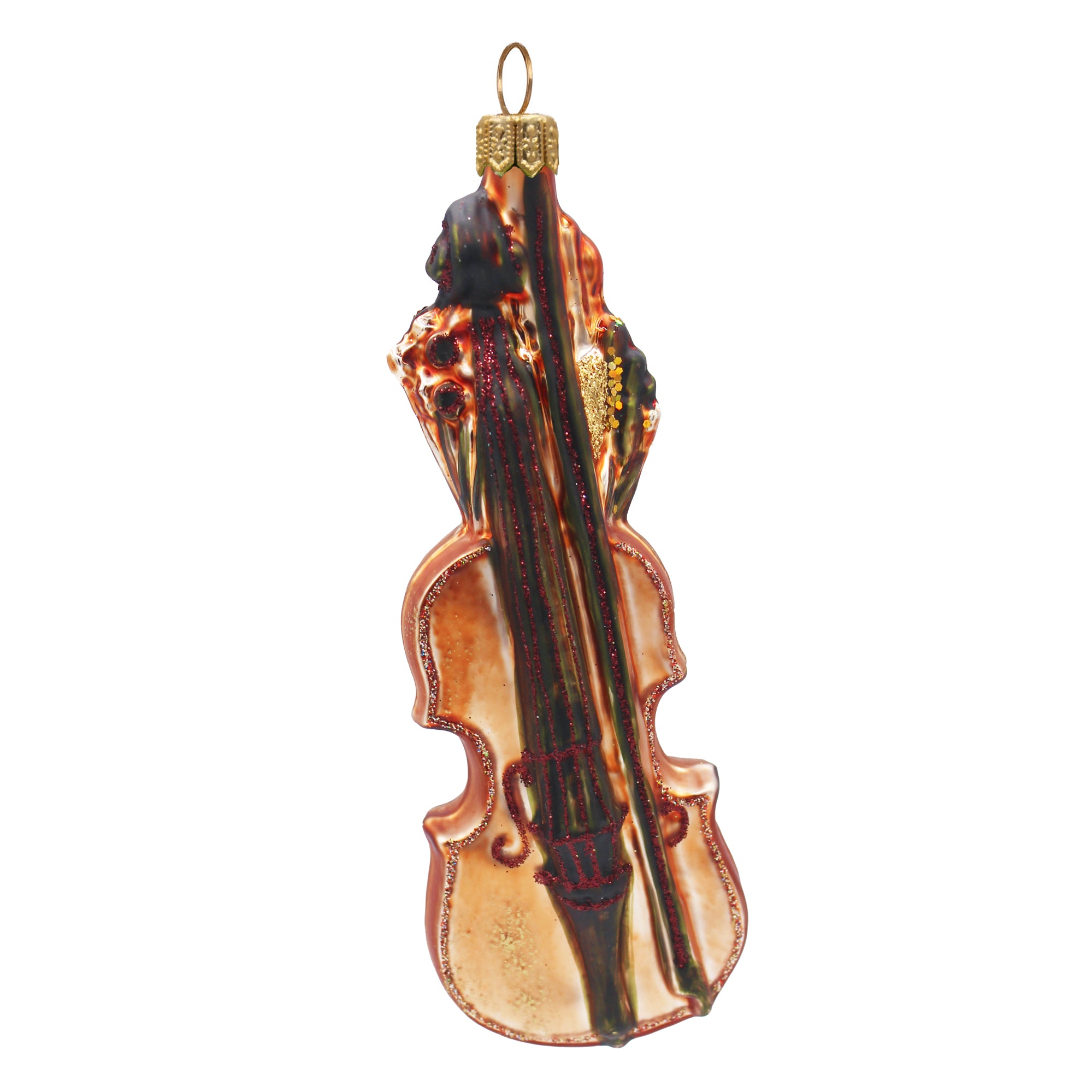 Violon en verre soufflé brun et doré, décor de Noël à suspendre