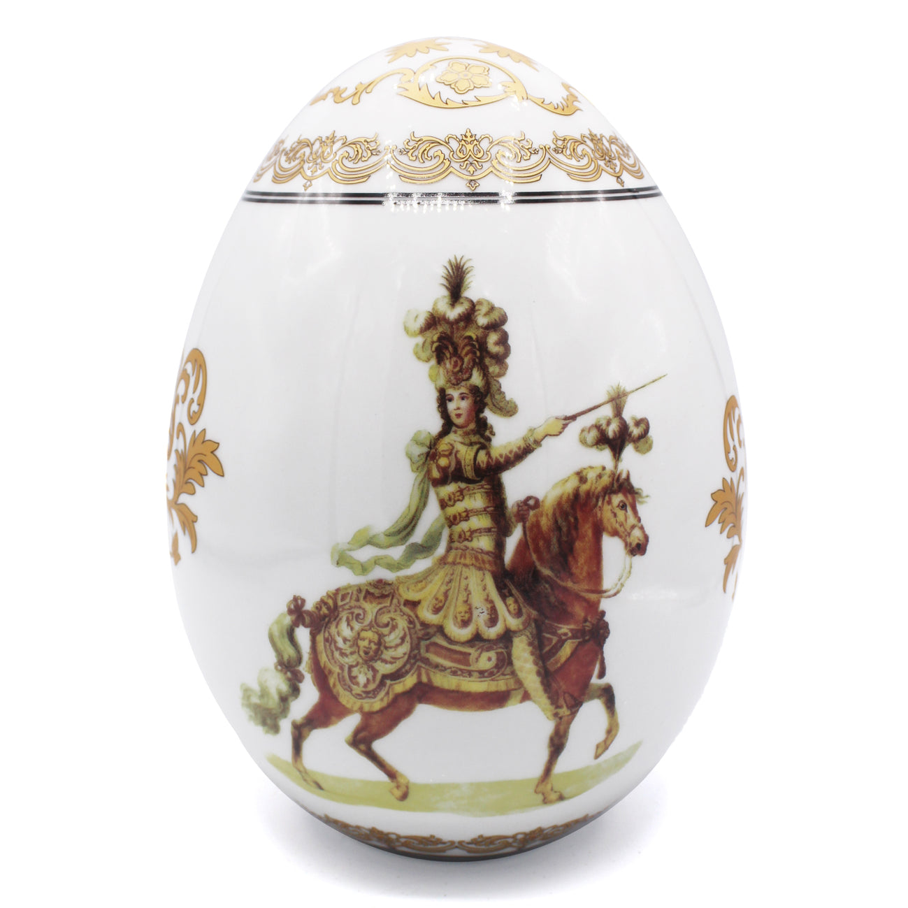 Œuf décoratif en porcelaine blanche, cavalier en costume de parade et motifs dorés