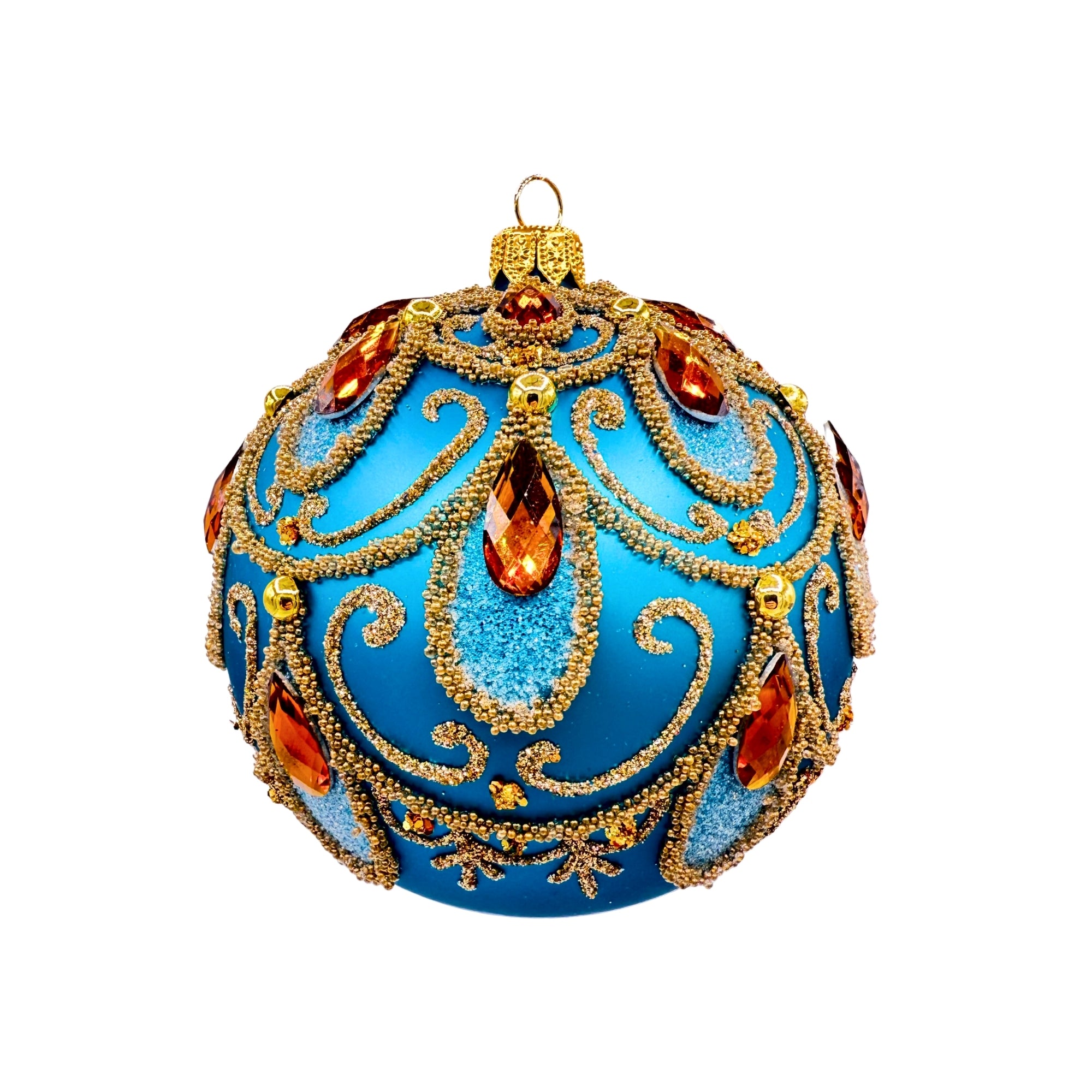 Œuf de Noël en verre bleu décoré de motifs dorés en relief et de strass facettés avec attache métallique