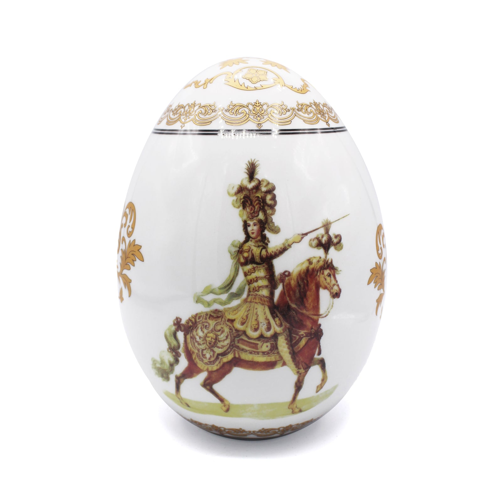 Œuf décoratif en porcelaine blanche, cavalier de parade à cheval avec motifs dorés