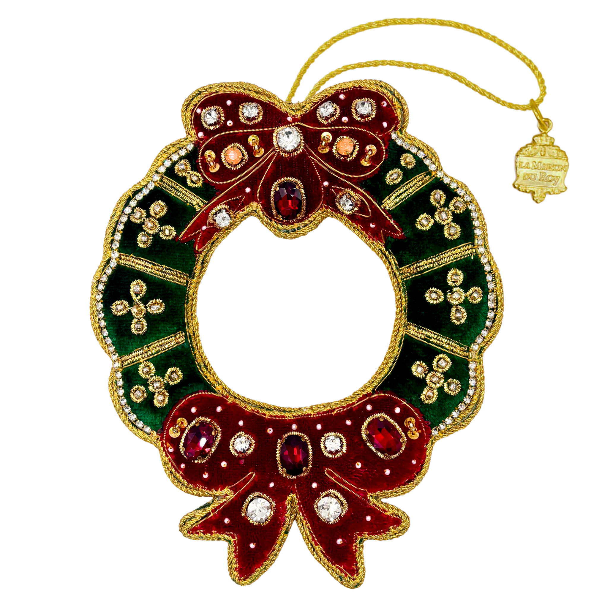 Grande couronne de Noël brodée à la main, en velours vert et rouge, ornée de strass et de bordures dorées