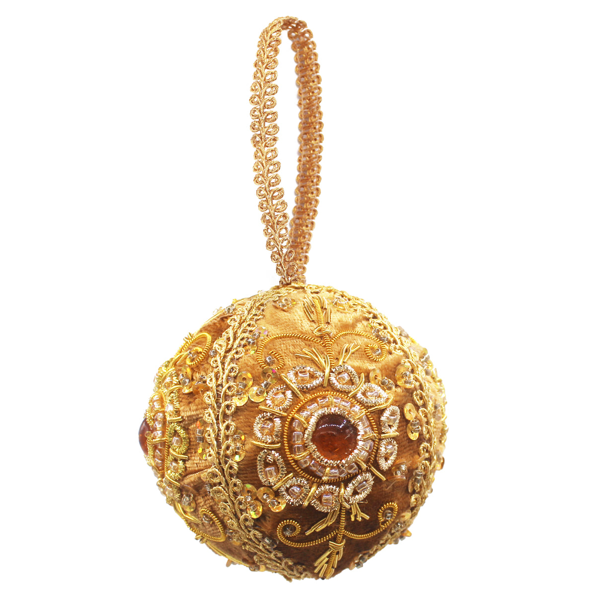 Boule de Noël en velours doré brodée de fils métalliques, perles et sequins