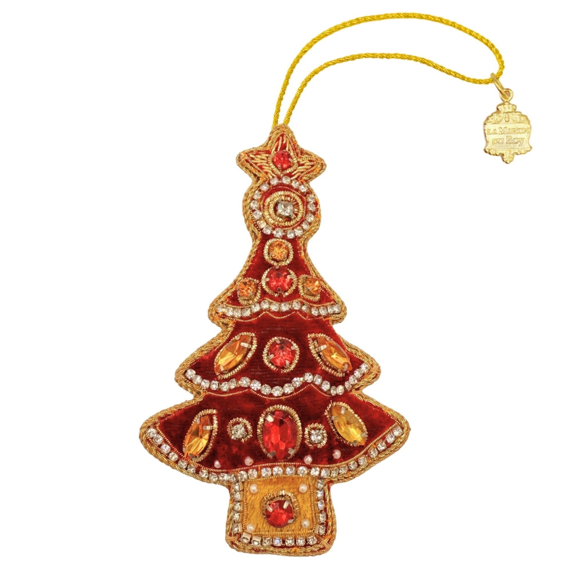 Petit sapin en velours rouge brodé de fil doré, strass et perles, avec cordon d'accrochage