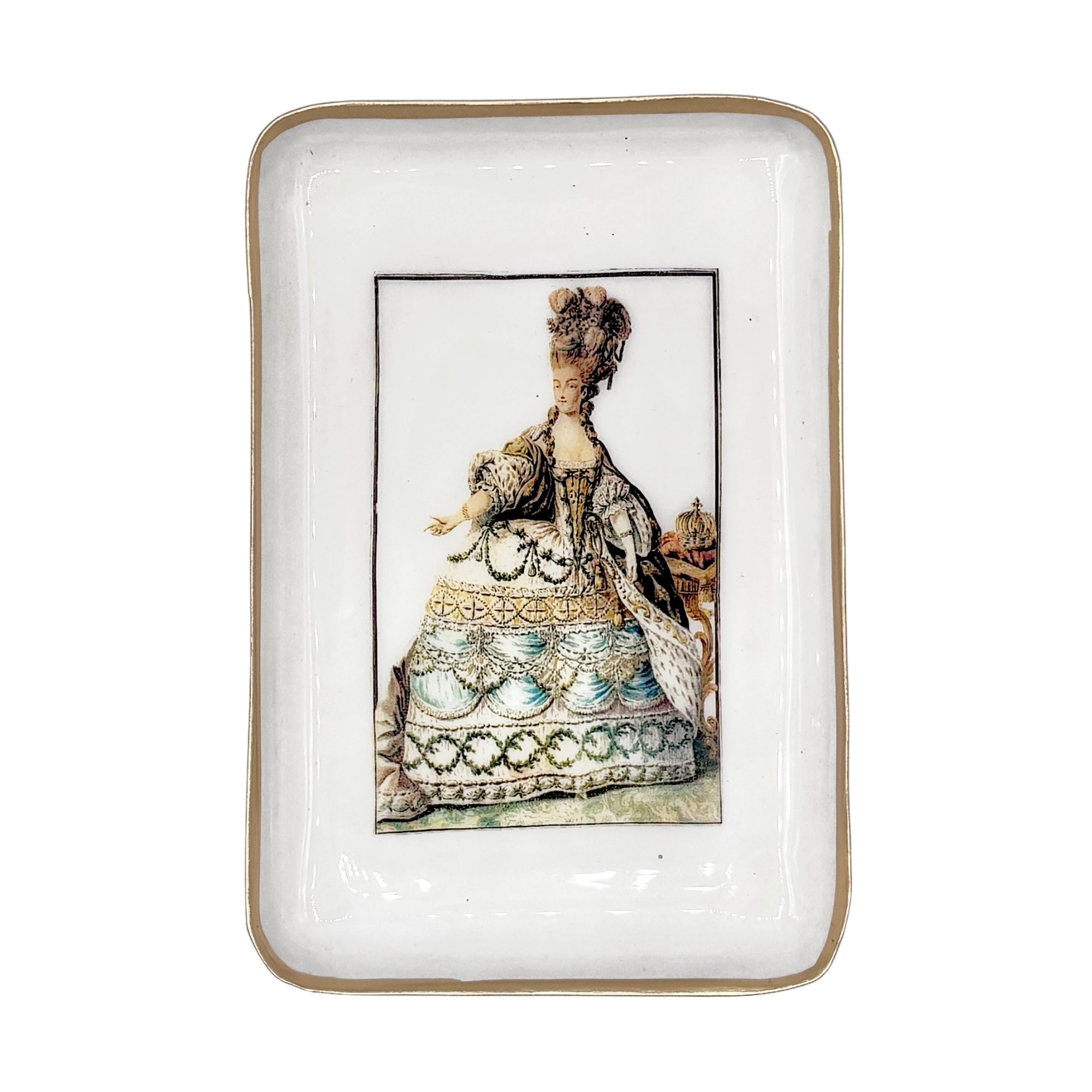 Petit plateau rectangulaire en céramique blanche, bord doré, décor Marie-Antoinette en robe XVIIIe siècle